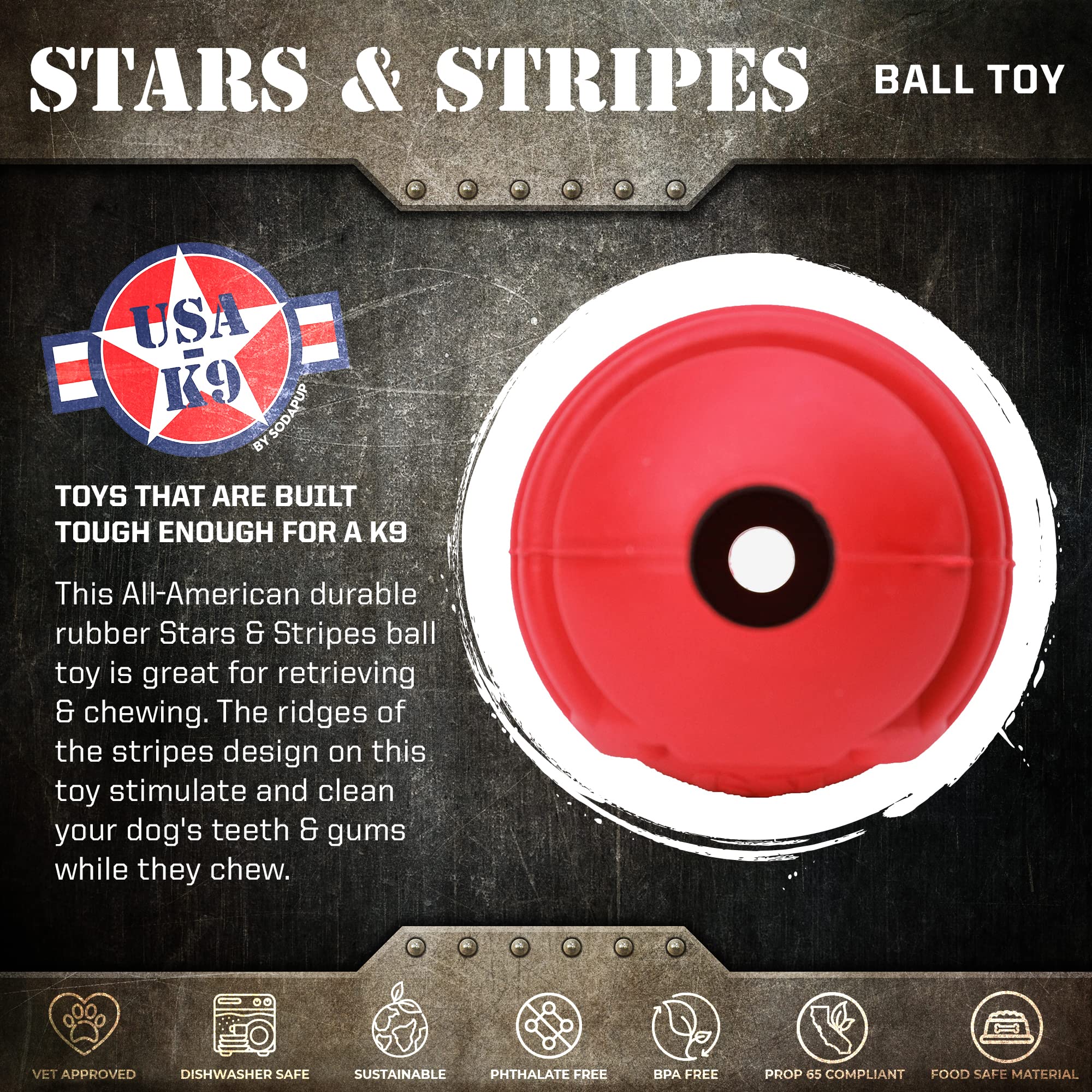 SodaPup USA-K9 Stars & Stripes Durable Dog Ball Toy - Non-Toxic Natural Rubber Chew Toy for Puppies & Adult Dogs | Made in USA | Promotes Bonding, Mental Stimulation & Physical Exercise | Great for Aggressive Chewers, Anxiety Relief & Interactive Playtime