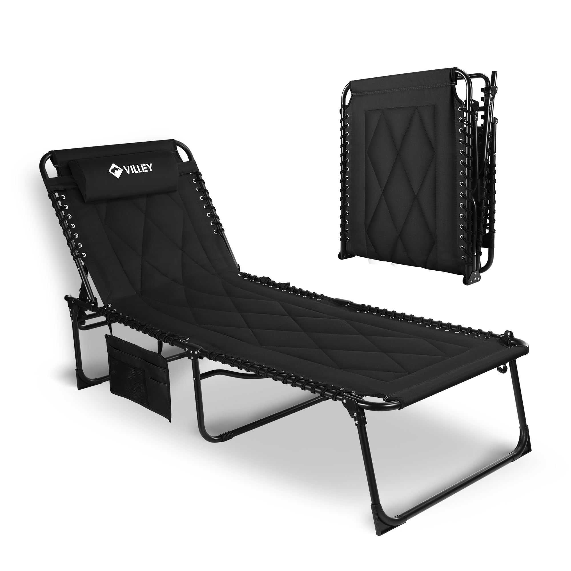 VILLEY Oversized Padded Chaise Lounge Chair with Cushion - Foldable Camping Cot & Patio Recliner - Portable Folding Sleeping Bed for Outdoor, Indoor, Backyard, Garden - Perfect for Camping, Beach Tanning, Poolside Relaxation & Sunbathing