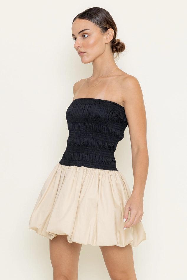 Kimberly Black & Beige Mini Balloon Dress for Women - Elegant Party & Cocktail Attire for Evening Events, Date Nights & Special Occasions