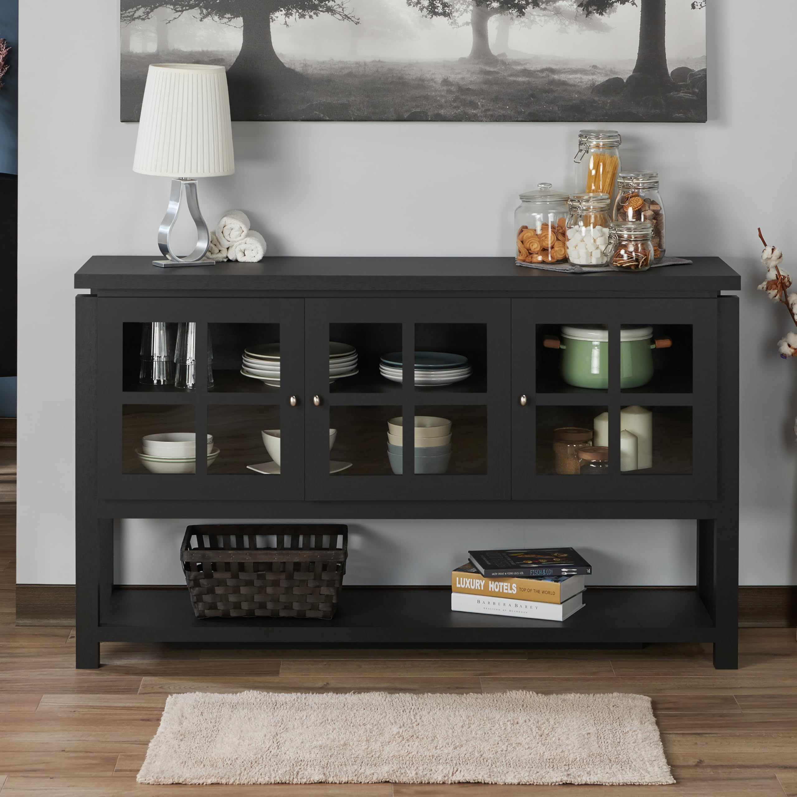 Furniture of America Julianna Farmhouse Sideboard Buffet Cabinet with Storage & Glass Doors - Wood Kitchen Coffee Bar, Entryway Console Table for Dining Room & Living Room - Perfect for Home Decor & Entertaining (Black)