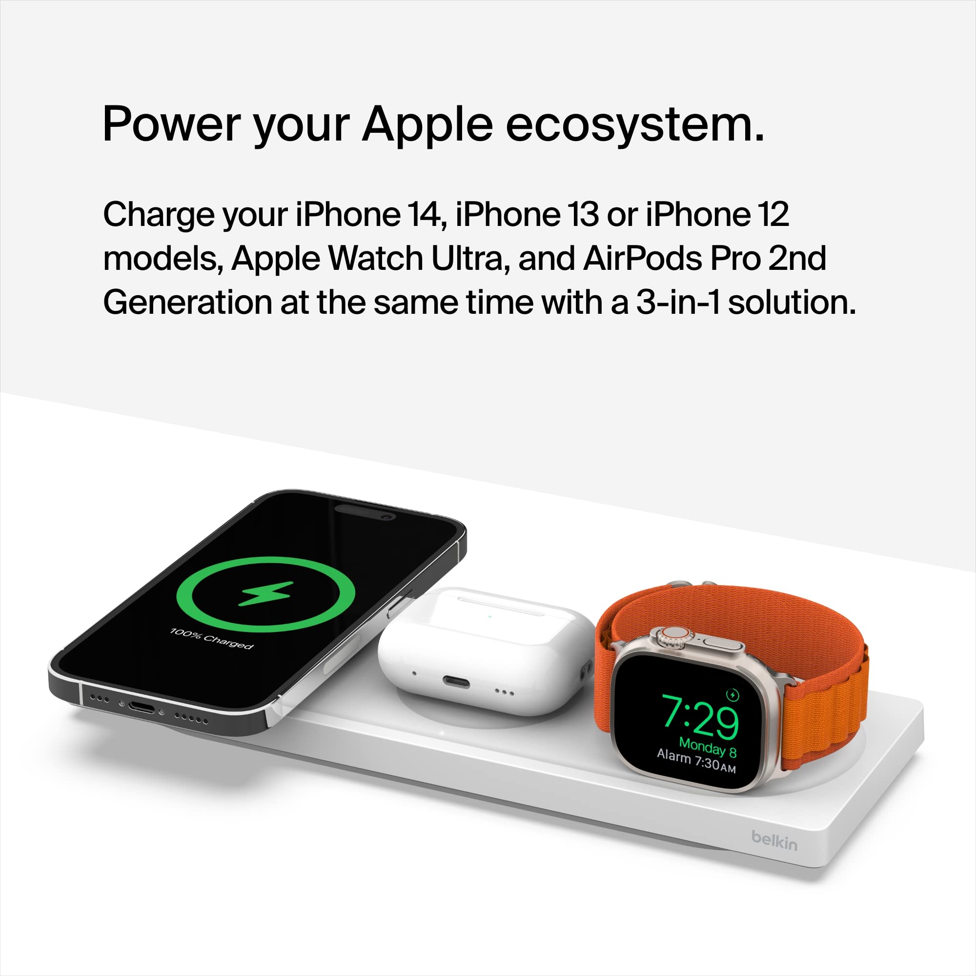Belkin 3-in-1 MagSafe Wireless Charging Station - MFi Certified Fast Charger for iPhone 16/15/14/13/12 Series, Apple Watch 10/9/8/7/SE/Ultra, AirPods Pro/2/3 - Compact Travel Charging Pad for Home, Office & Nightstand Use