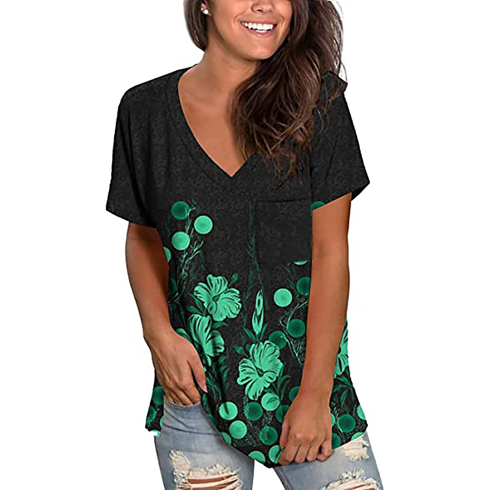FMCHICO Women's Short Sleeve V-Neck Loose Fit Casual T-Shirt - Breathable Summer Top for Everyday Wear, Outings & Vacation