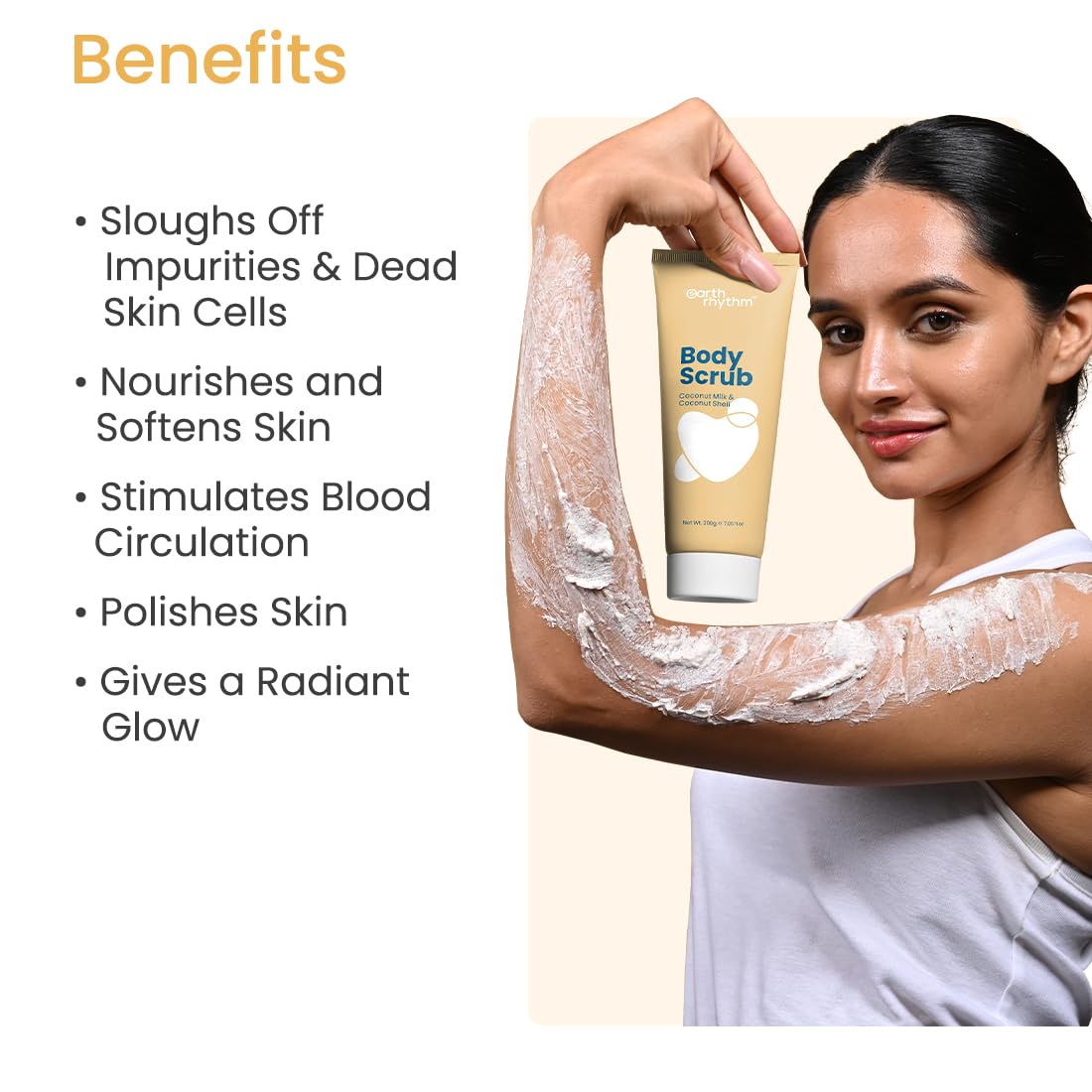 Earth Rhythm Coconut Milk & Shell Body Scrub - Exfoliating & Moisturizing for Soft, Smooth Skin | 200g Natural Skincare for Men & Women | Perfect for Shower, Spa & Post-Workout Care
