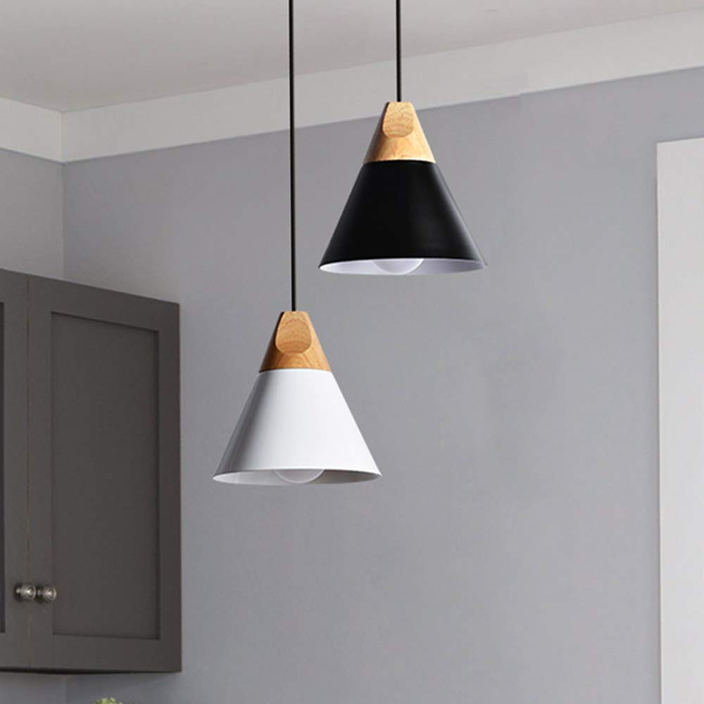 Modern Nordic Pendant Ceiling Light with Metal & Wooden Frame - E26/E27 Base, Black Metal Shade - Contemporary Hanging Lamp for Living Room, Bedroom, Dining Room, Kitchen, or Office Lighting