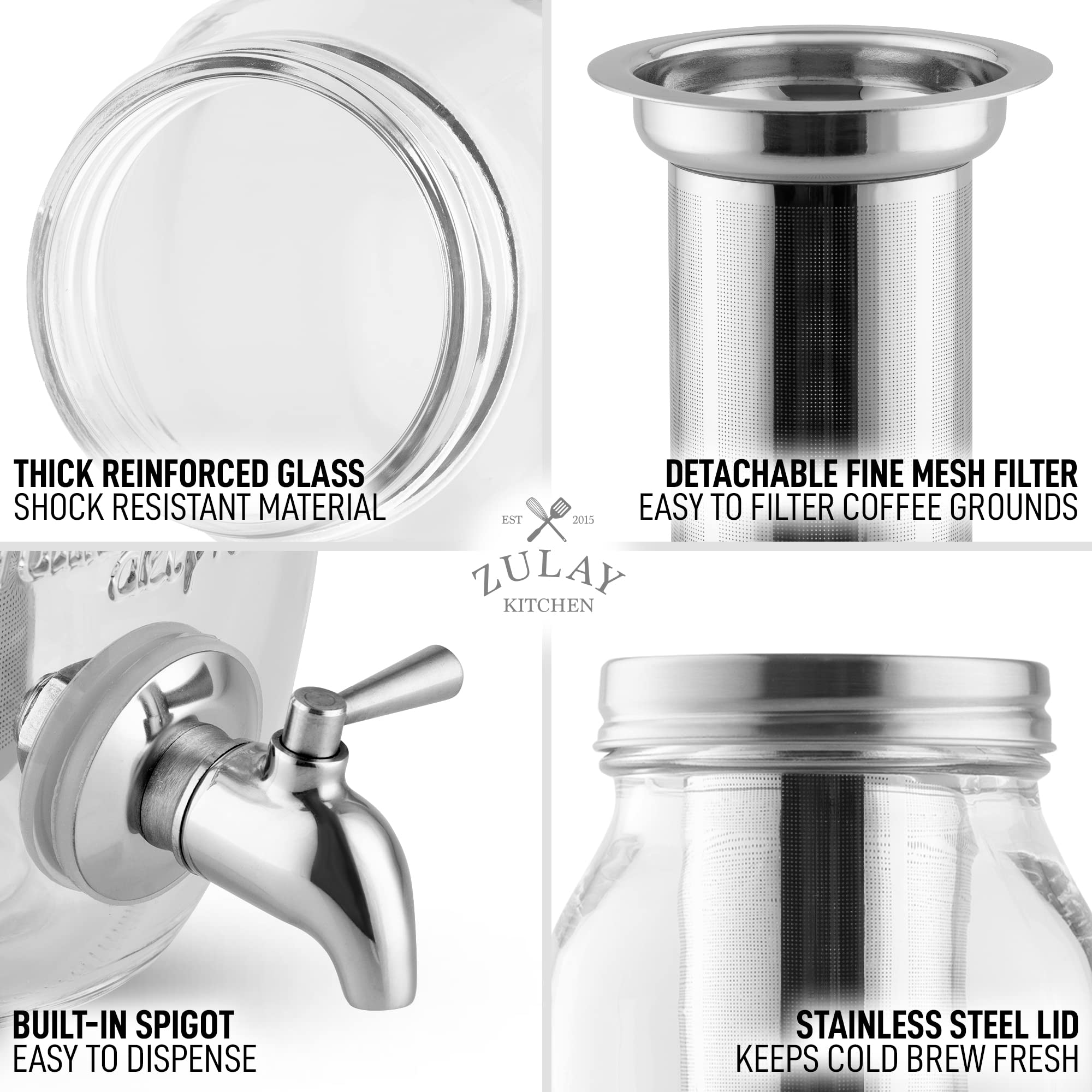 Premium Zulay Kitchen 1.5L Cold Brew Coffee Maker with Extra-Thick Glass Carafe & Stainless Steel Filter - Iced Coffee Maker, Cold Brew Pitcher & Tea Infuser for Home, Office & Outdoor Use