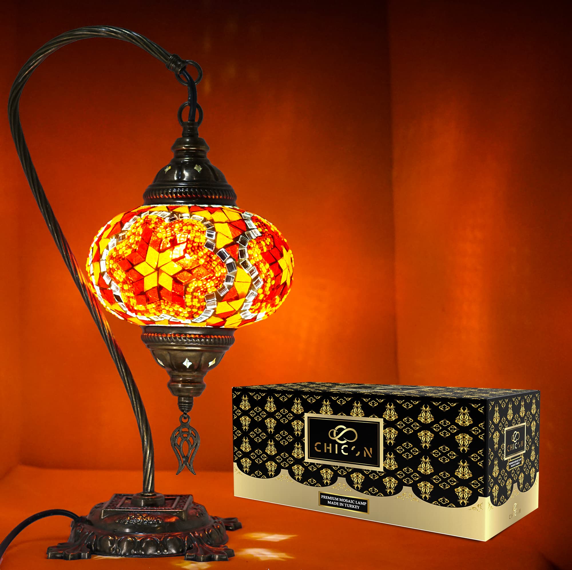 Handmade Mosaic Turkish Lamp - Genuine Glass Tiffany Style Boho Table Lamp with Swan Flower Design in Red Amber | Vintage Moroccan Decor for Living Room, Bedroom & Meditation Space
