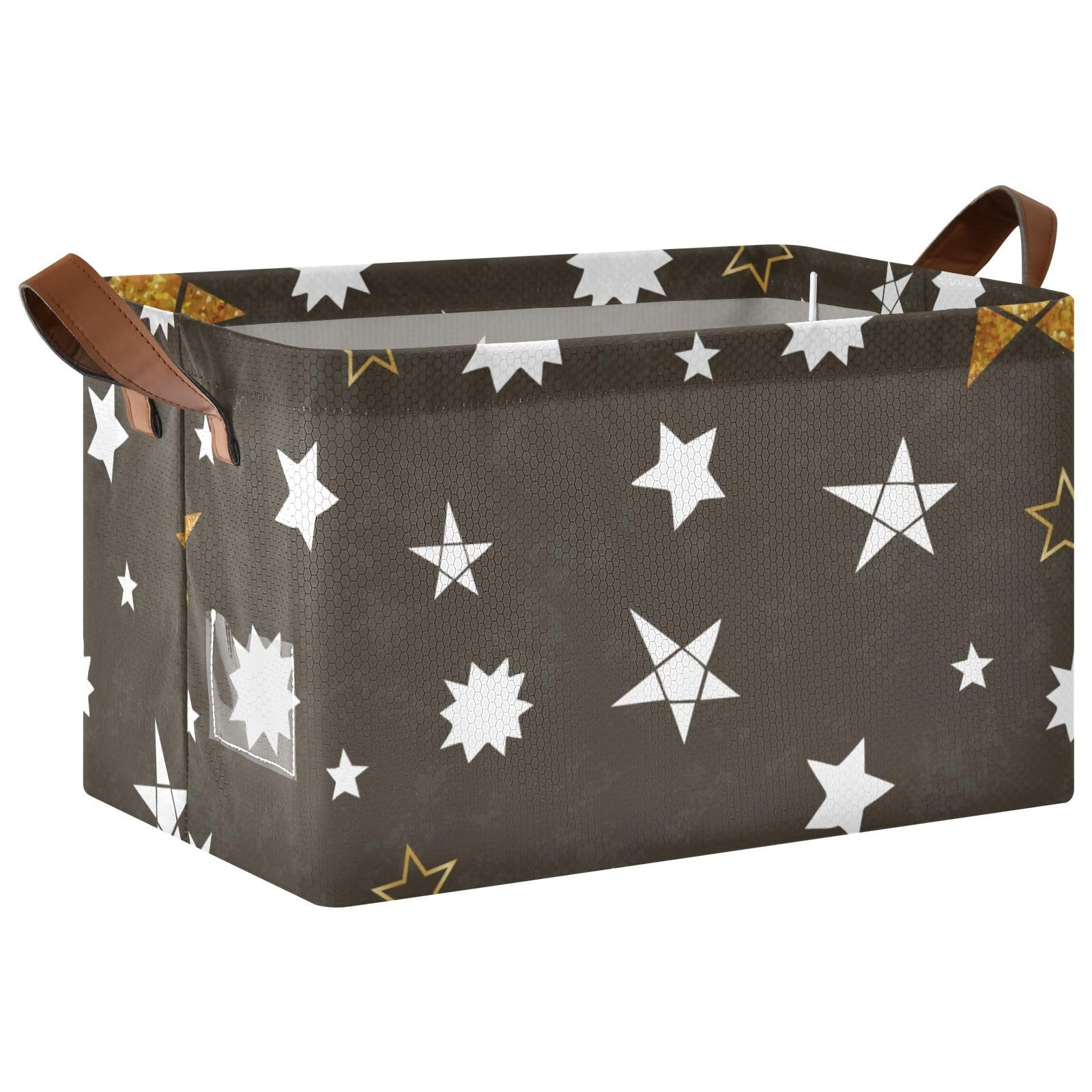Minimalist Brown Star Fabric Collapsible Storage Baskets with Handles - 2 Pack Organizer for Books, Shelves & Closet | Perfect for Home, Office & Nursery Organization