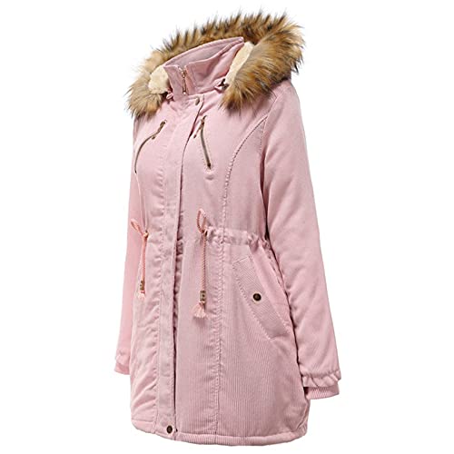 Women's Mid-Length Hooded Winter Jacket - Solid Color Fleece-Lined Coat with Fur Collar | Warm Plus Size Padded Outerwear for Cold Weather | Perfect for Snow Days, Commuting & Outdoor Activities
