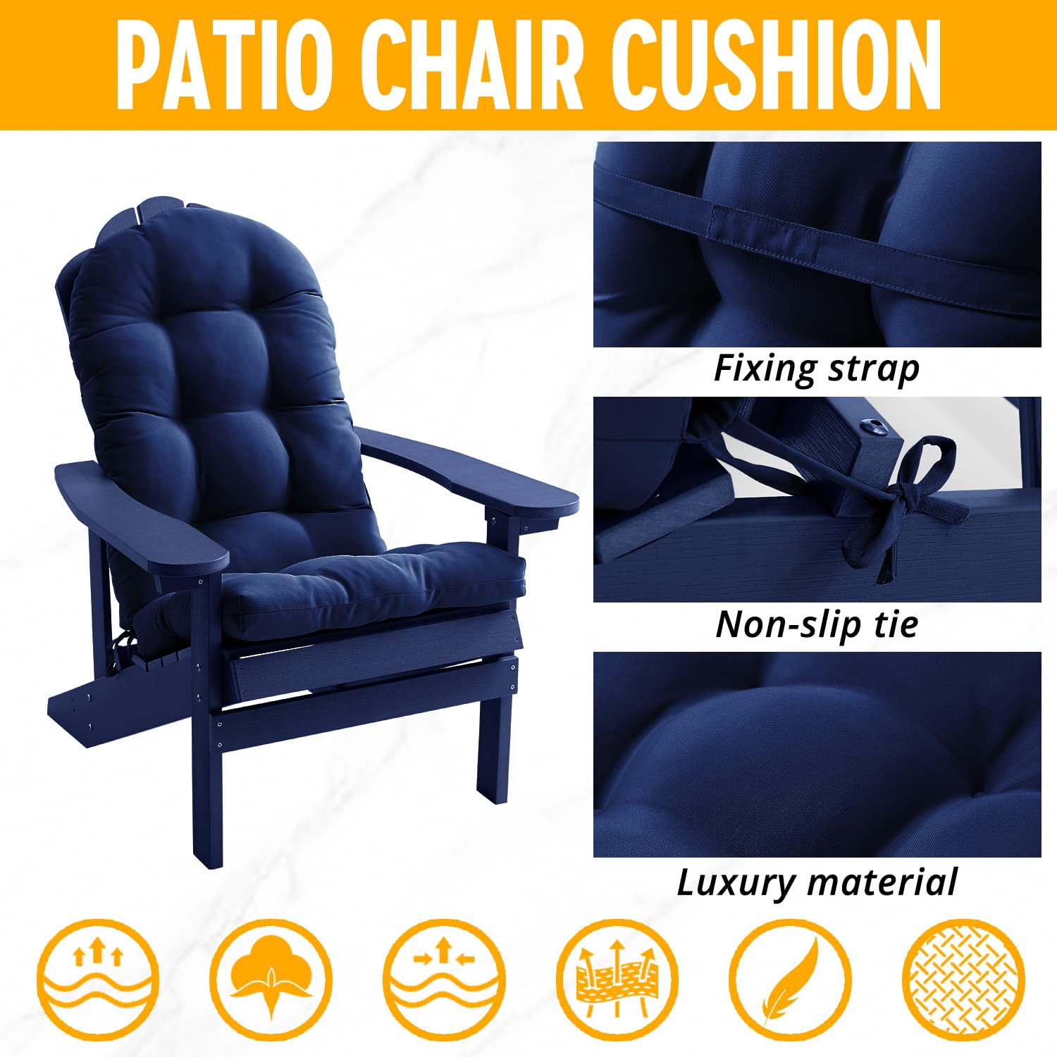 FILUXE Waterproof Adirondack & Rocking Chair Cushions - High Back Patio Pillow with Ties, Fade-Resistant All-Weather Outdoor/Indoor Tufted Seat Cushion Replacement (Royal Blue, 2 Pack) - Perfect for Deck, Porch, Garden & Poolside Relaxation
