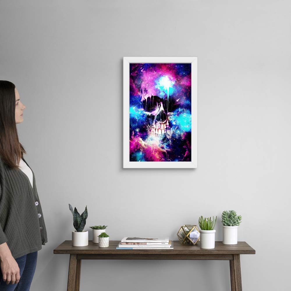 Space Skull White Framed Art Print - Skull & Bones Wall Decor for Gothic Home, Office, or Halloween Party Decoration