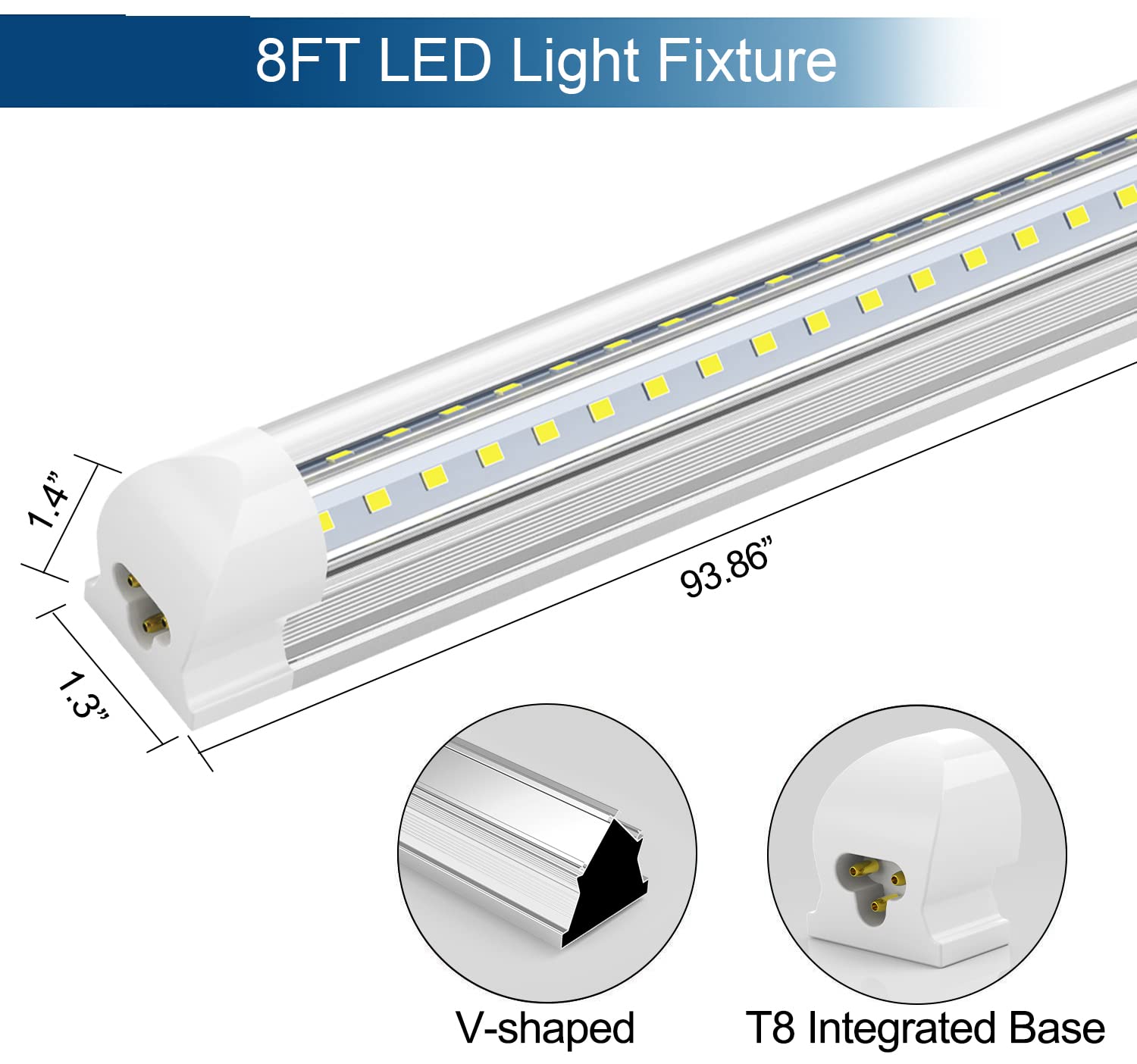 JESLED 8FT LED Shop Light, 72W 6500K Cool White 9000LM High Output V-Shape T8 Linkable Tube Lights - 6 Pack for Garage, Warehouse, Workshop - Plug & Play with Clear Cover - Ideal for Industrial, Commercial & Home Workspaces