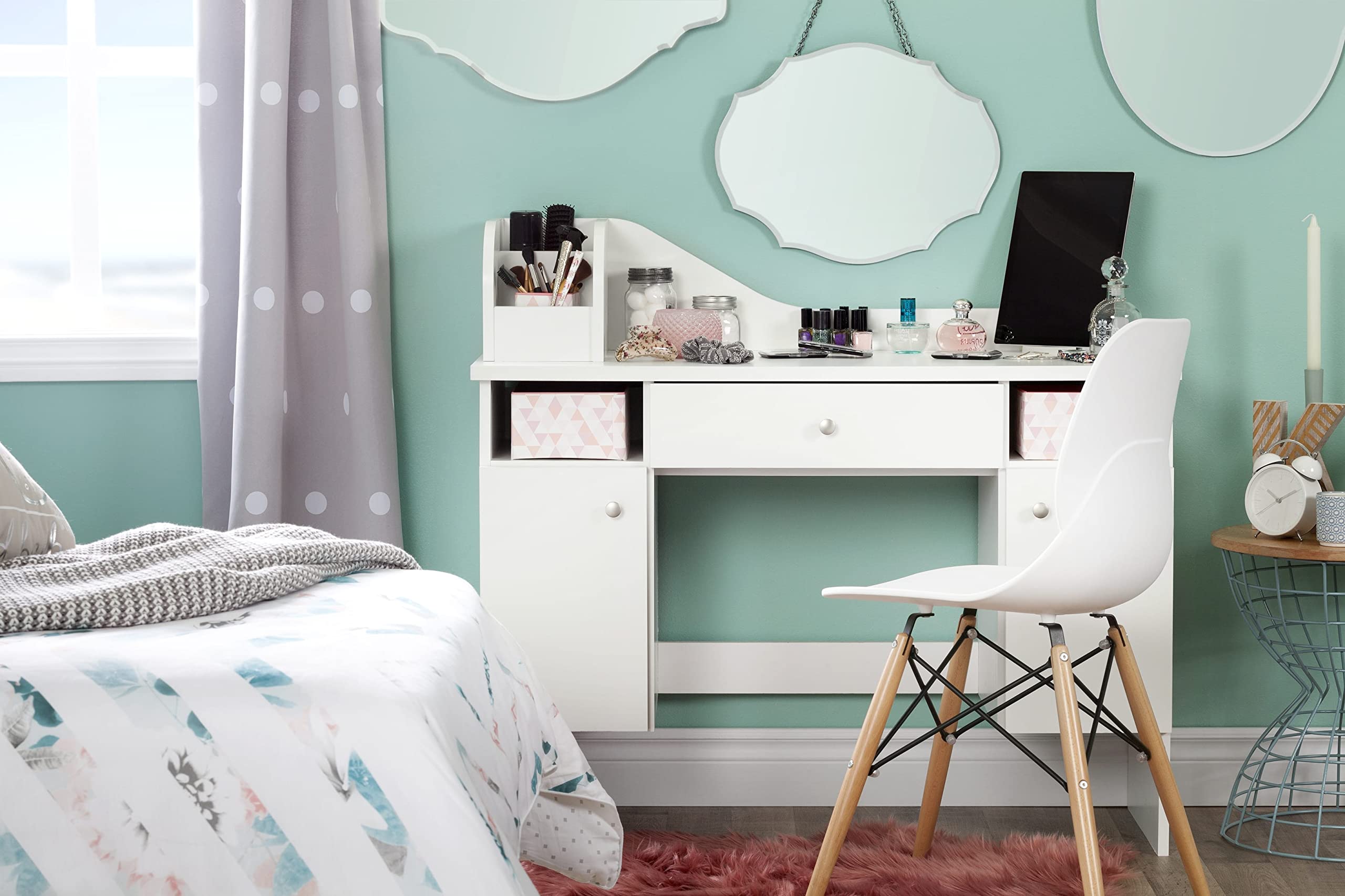 South Shore Makeup Vanity Dressing Table with 2 Doors & Storage Baskets, Pure White - Perfect for Bedroom, Bathroom & Beauty Salon Organization