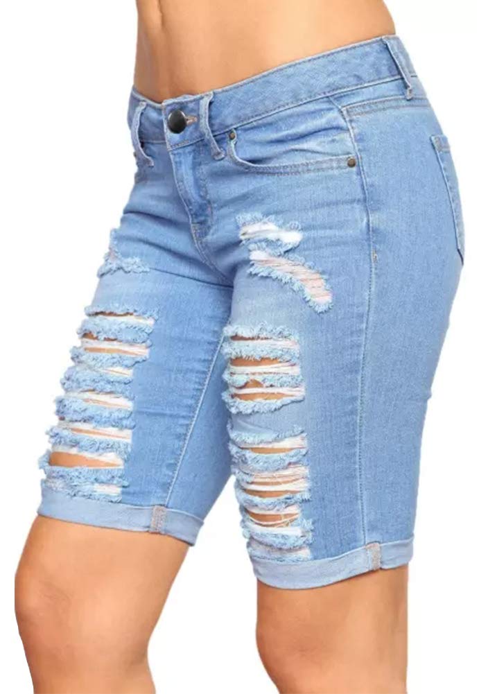 Roswear Women's Distressed Ripped Stretchy Denim Shorts - Knee Length High Waist Jean Shorts for Summer, Casual Outfits & Beach Wear