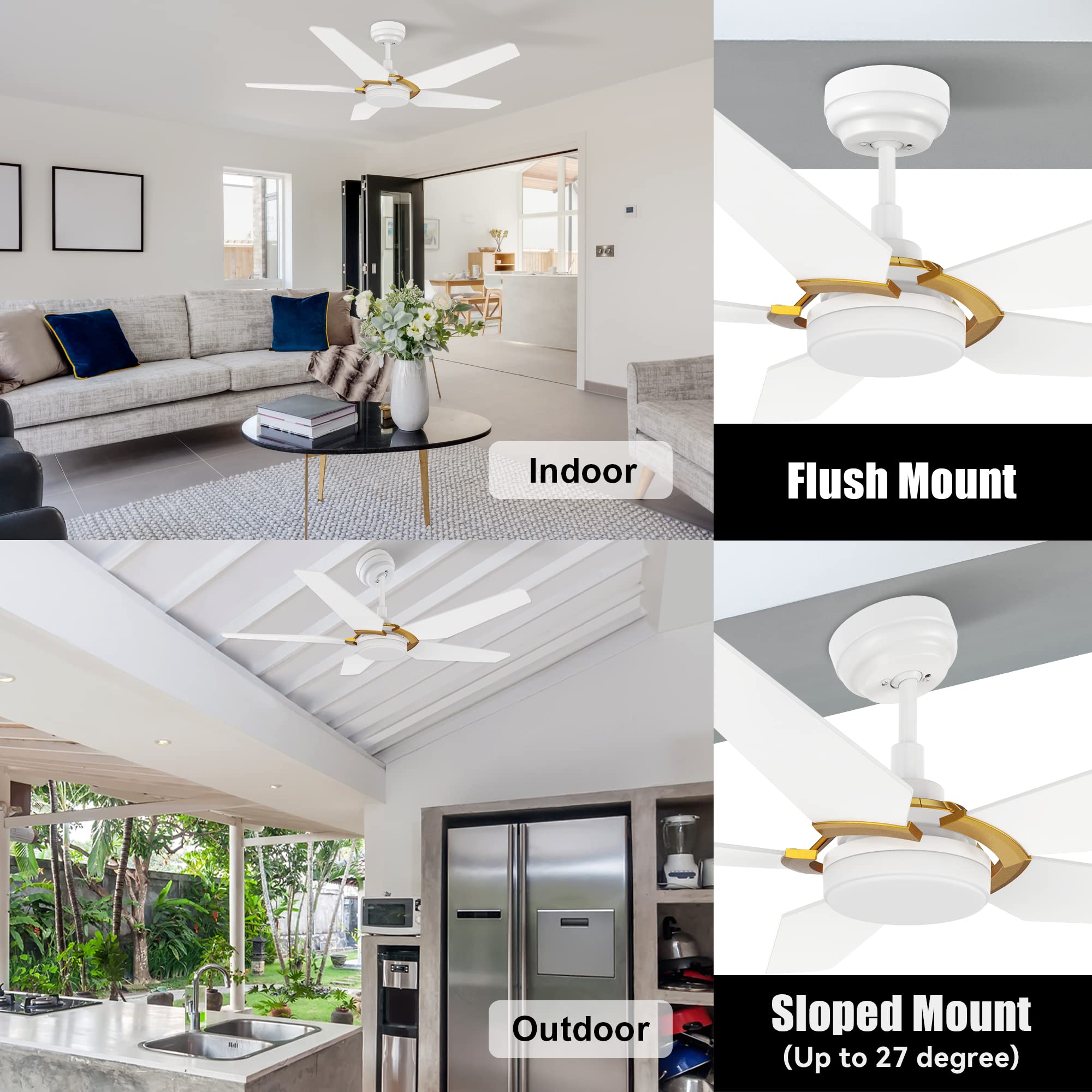 52 Inch Smart Ceiling Fan with Light - 5 Blade Low Profile Outdoor Ceiling Fan, 10 Speed DC Motor & Dimmable LED - Works with APP/Alexa/Google Assistant/Siri Shortcuts (White & Gold) - Perfect for Patio, Deck, Gazebo and Outdoor Living Spaces