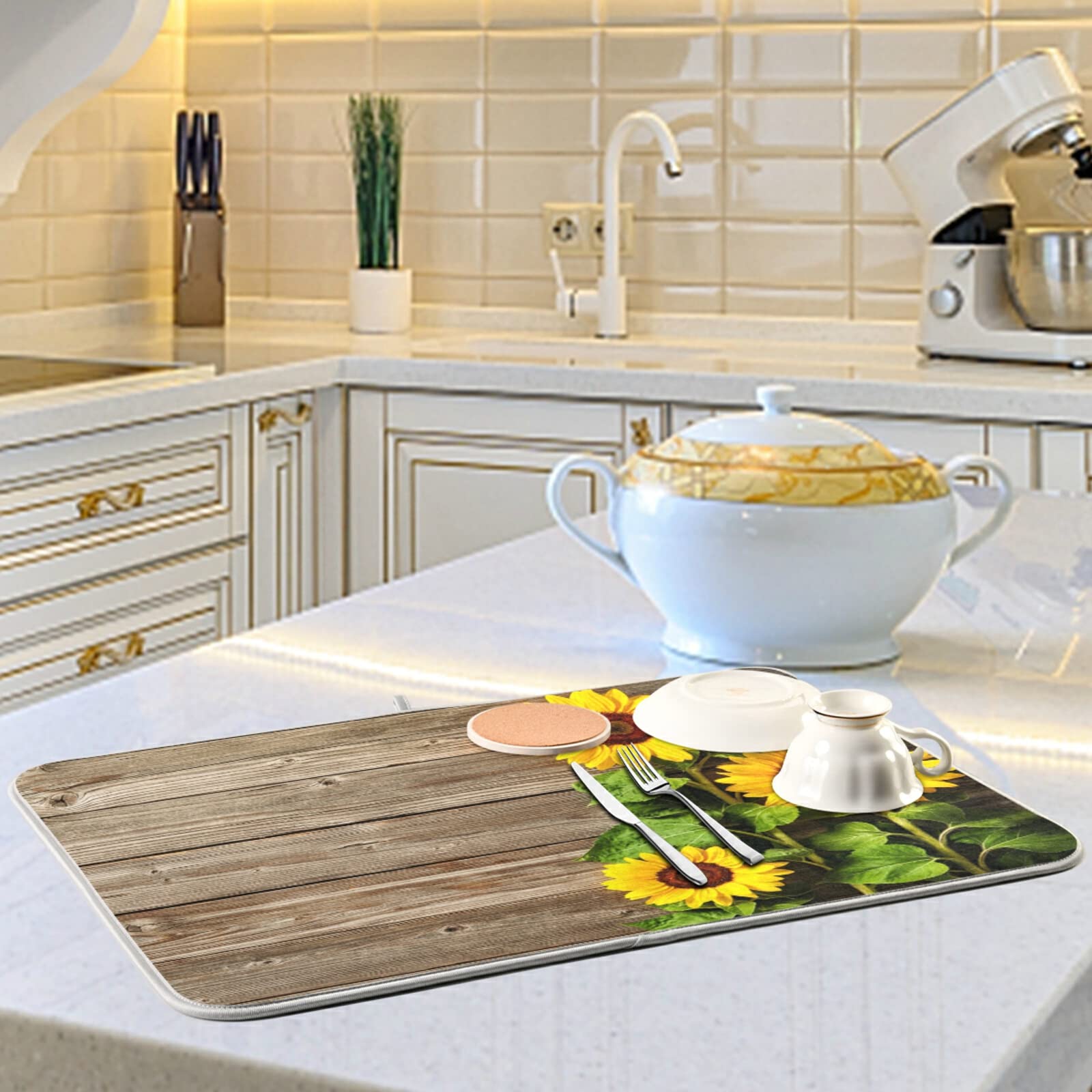 Sunflower Wood Print Coffee Bar Mat - 16x18 Inch Absorbent Dish Drying Pad for Coffee Maker, Espresso Machine & Dish Rack - Perfect for Home Kitchen Countertop & Coffee Station Accessories