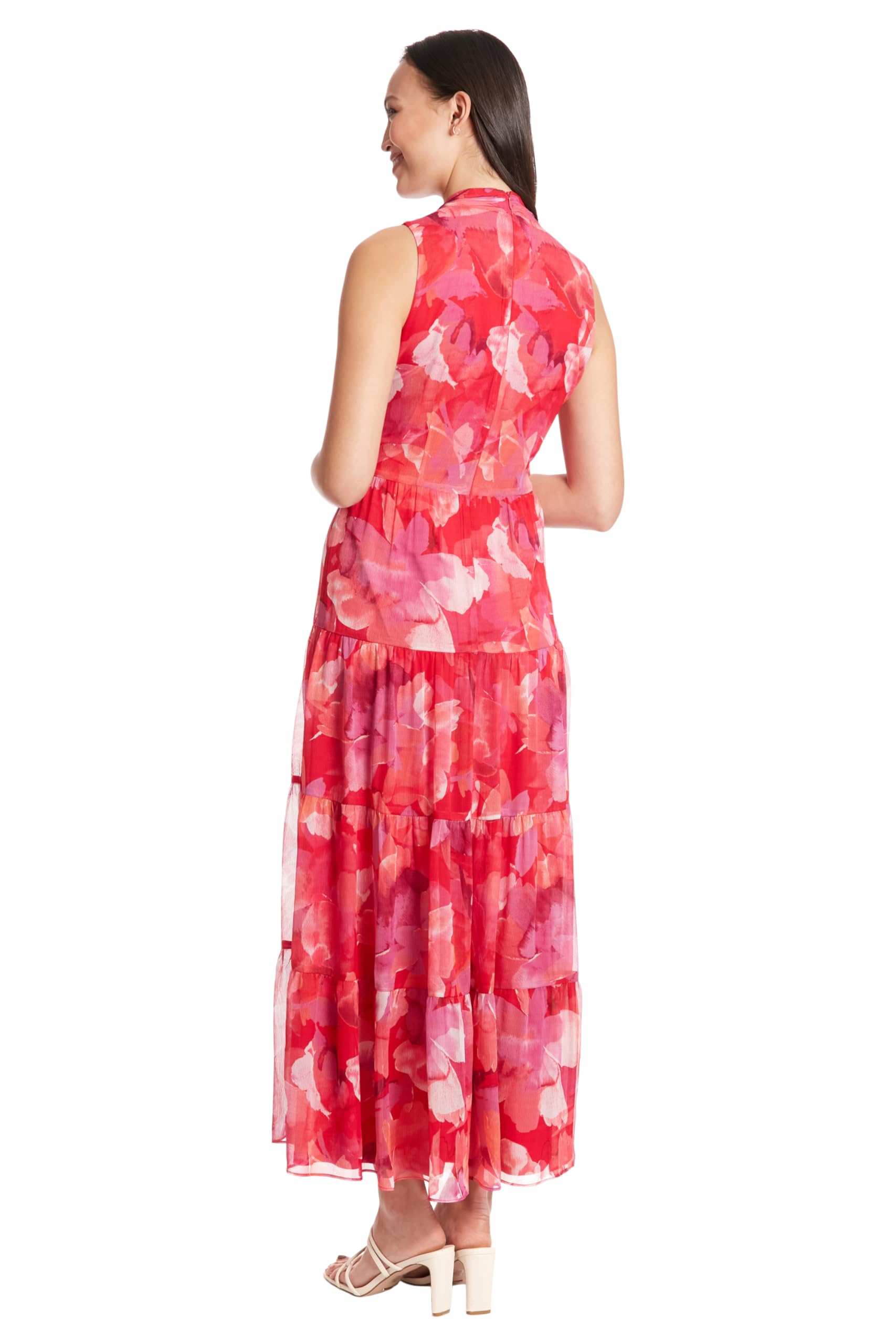 London Times Women's High Neck Tie-Front Tiered Maxi Summer Dress - Elegant Flowy Beach Dress for Vacations, Parties & Casual Outings