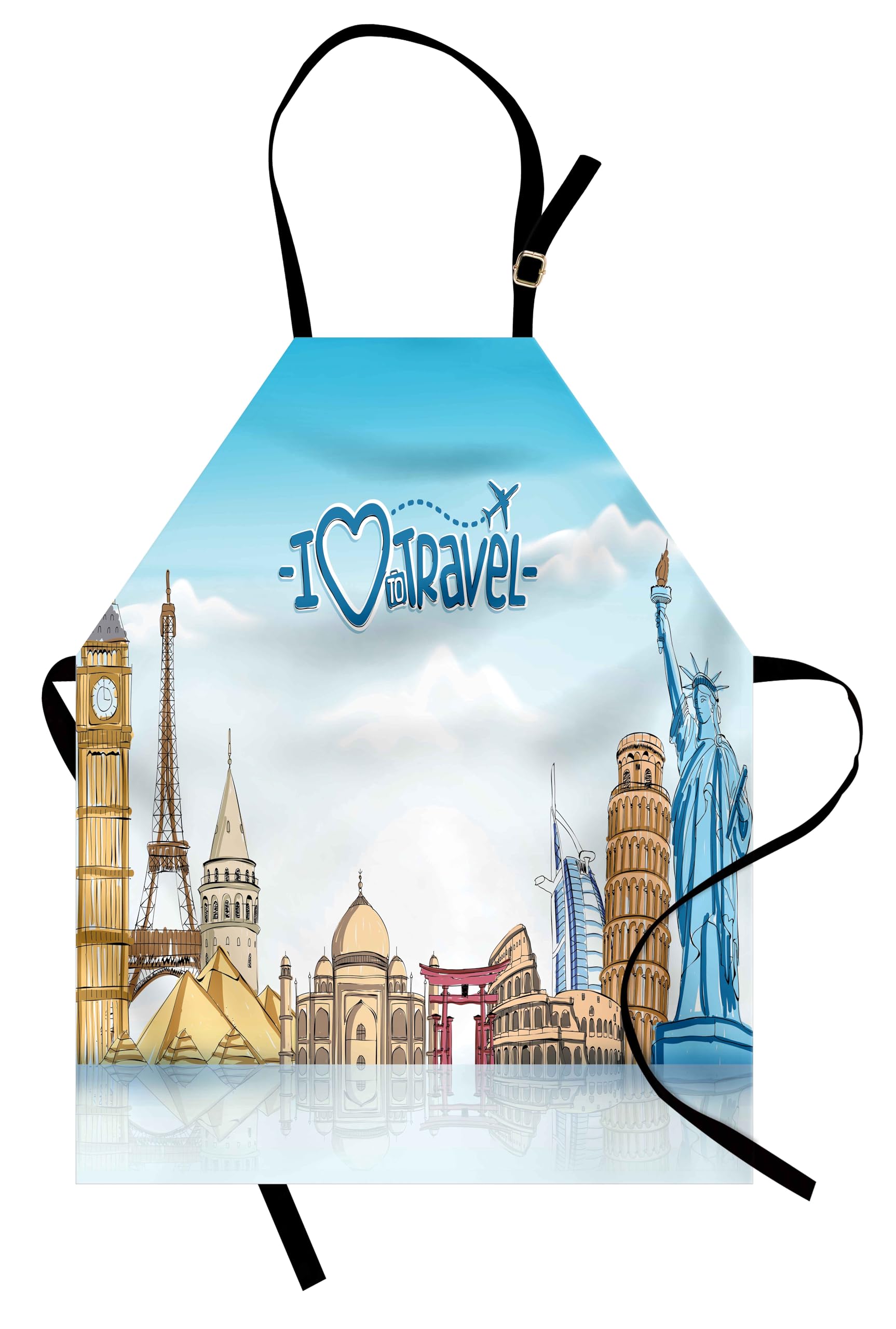 Ambesonne Travel Apron - 3D Realistic Sketch Drawing of Famous World Landmarks, Adjustable Ties for Baking, Painting & Cooking, Small Size Multicolor - Perfect for Home Chefs, Artists & Travel Enthusiasts
