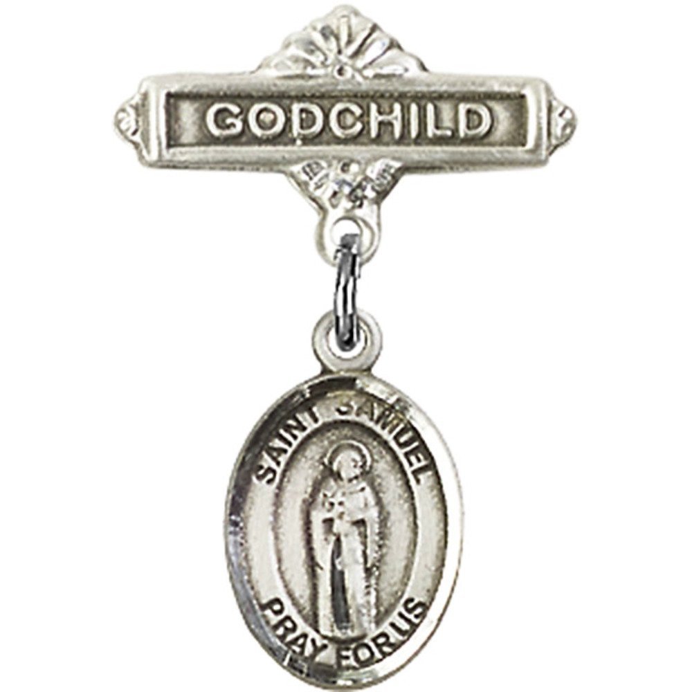 Sterling Silver Baby Badge with St. Samuel Charm & Godchild Pin - 1 X 5/8 Inches - Perfect for Christenings, Baptisms & Religious Gifts