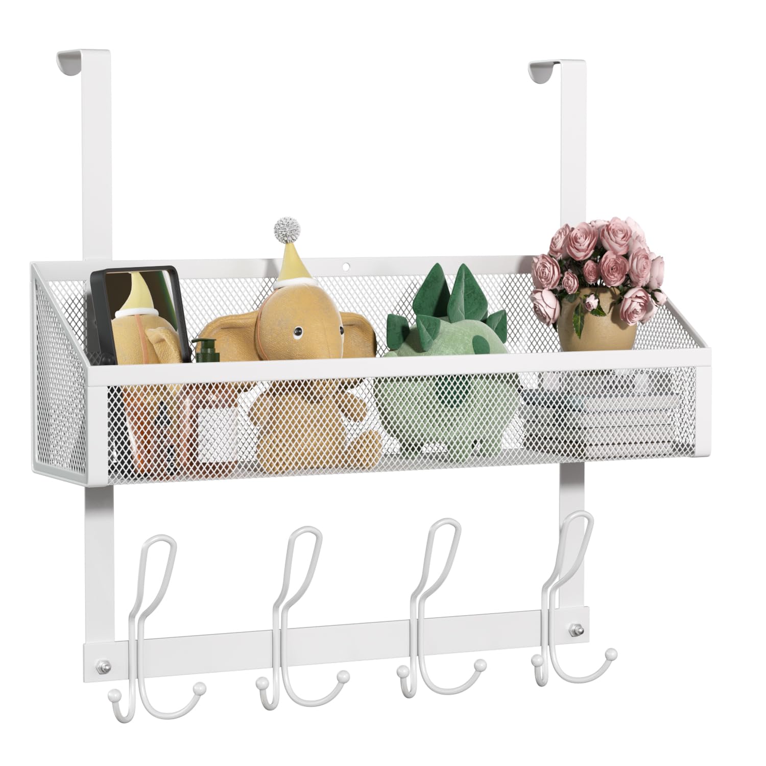 12-Pack Over The Door Hooks Organizer with Mesh Basket - Space Saving Storage Rack for Bedroom, Bathroom, Kitchen & Pantry - Perfect for Towels, Robes, Hats & Accessories (White)