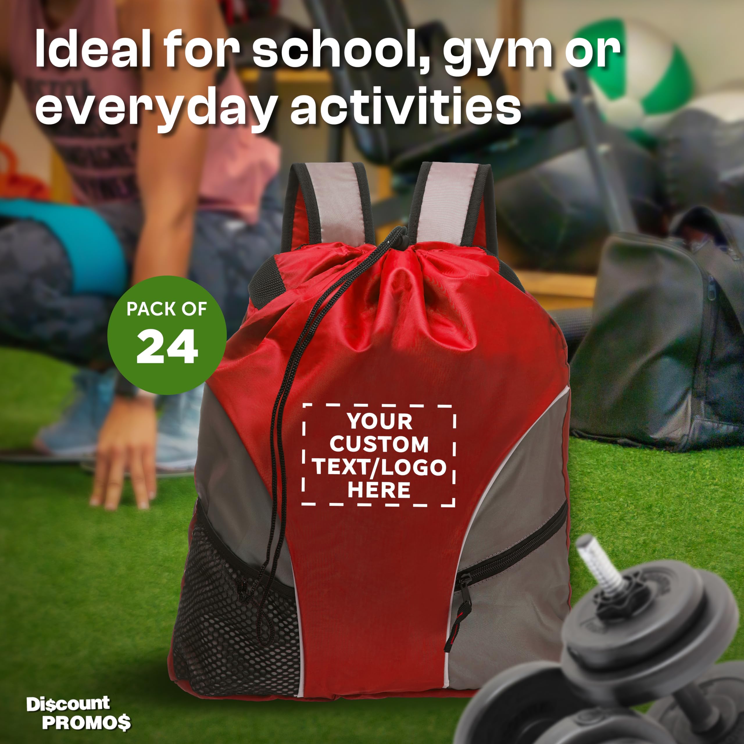 Custom Sporter Drawstring Backpacks - Set of 24 Personalized Bulk Pack | Lightweight Cinch Bag, Gym Sack & Travel Backpack | Unisex Compact Backpack in Red - Perfect for Sports, Travel & School Activities