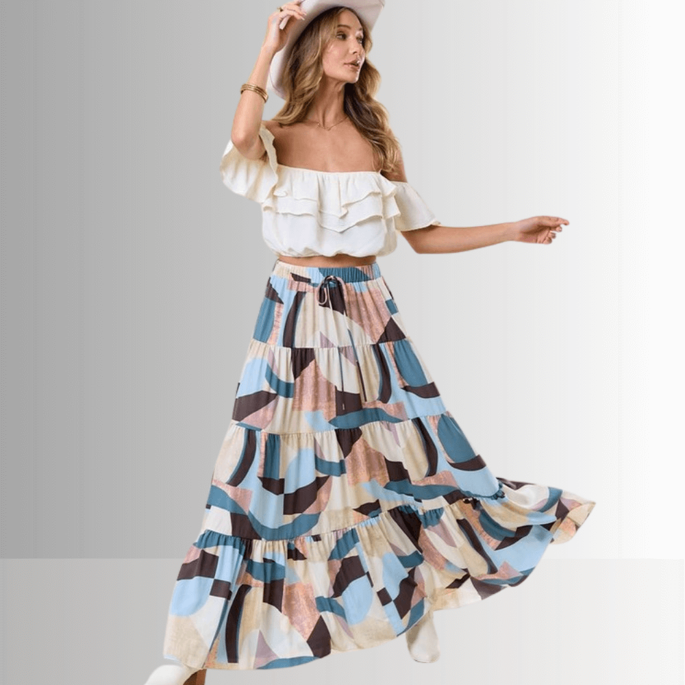 Malani Abstract Print Maxi Skirt for Women - Boho Flowy Long Skirt with Elastic Waist, Beach Vacation & Summer Outfits