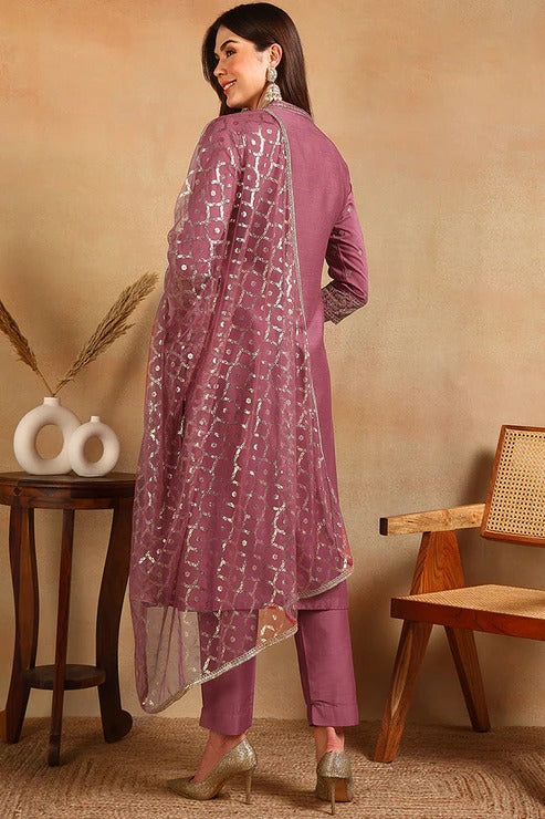 Mauve Pink Silk Blend Embroidered Suit Set for Women | Diwali & Festival Outfit | Wedding Guest & Party Wear | Elegant Ethnic Ensemble for Special Occasions