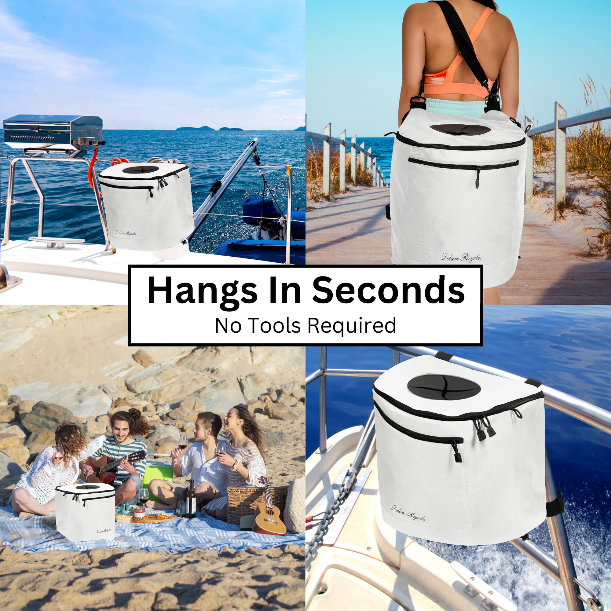 Portable Collapsible 8 Gallon Trash Can for Boating, Camping, Kayaking, Fishing & Beach - Durable Waterproof Waste Bin with Inner Bucket - Essential Boat, RV, Hiking & Outdoor Gear (White) - Perfect for Picnics, Tailgating & Marine Use