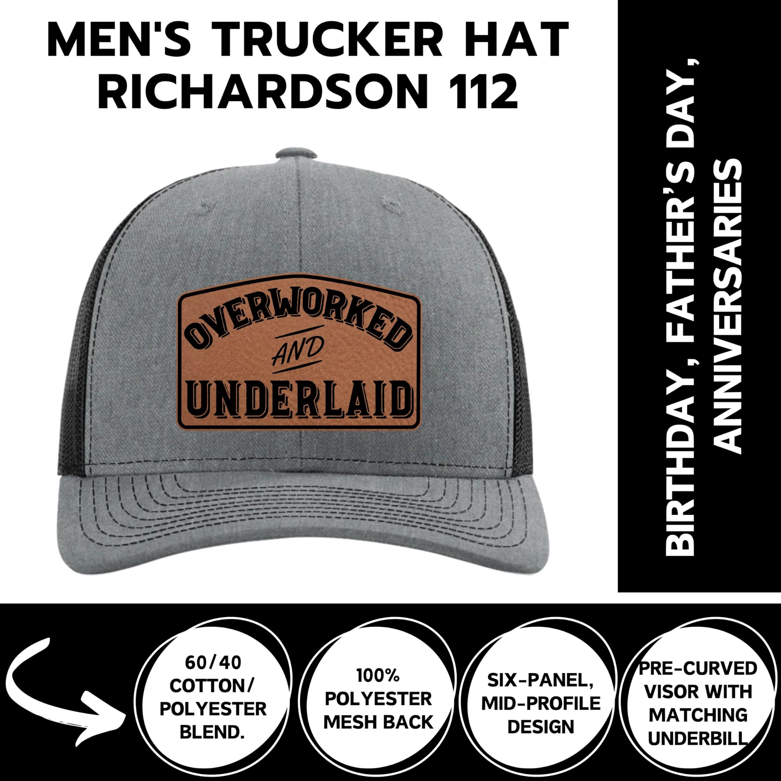 Funny Dad Hats for Men - Overworked & Underpaid Trucker Hat with Leather Patch - Perfect Father's Day Gift from Wife - Great for Grilling, Golfing & Casual Wear 2024