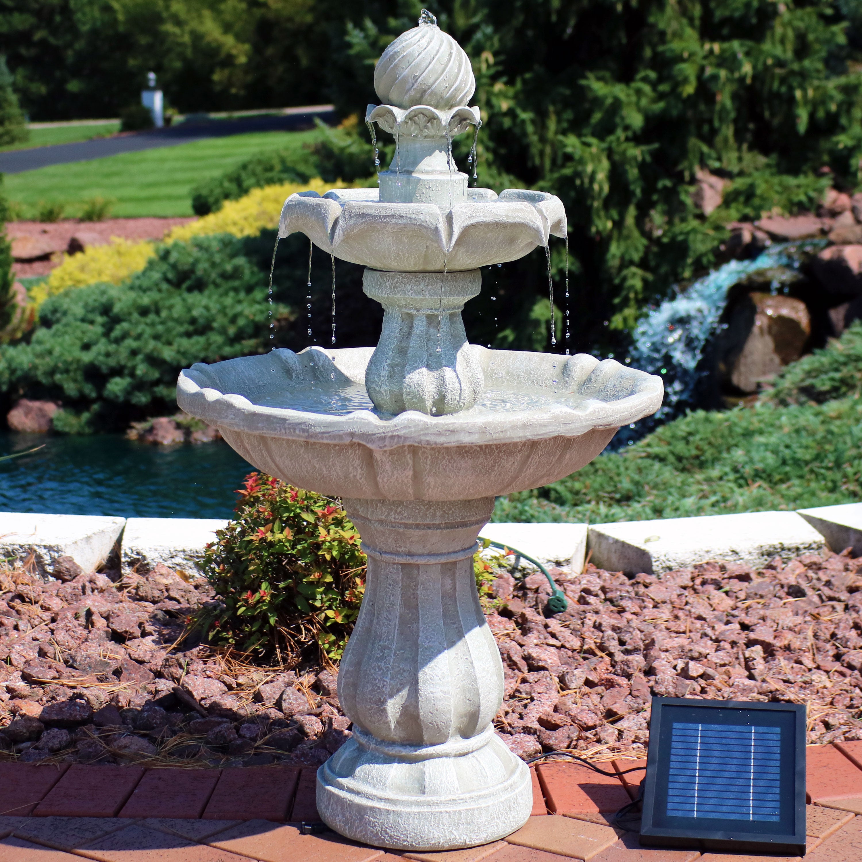 Sunnydaze 2-Tier Solar Powered Outdoor Water Fountain with Battery Backup - Perfect for Garden, Patio, and Backyard Decor
