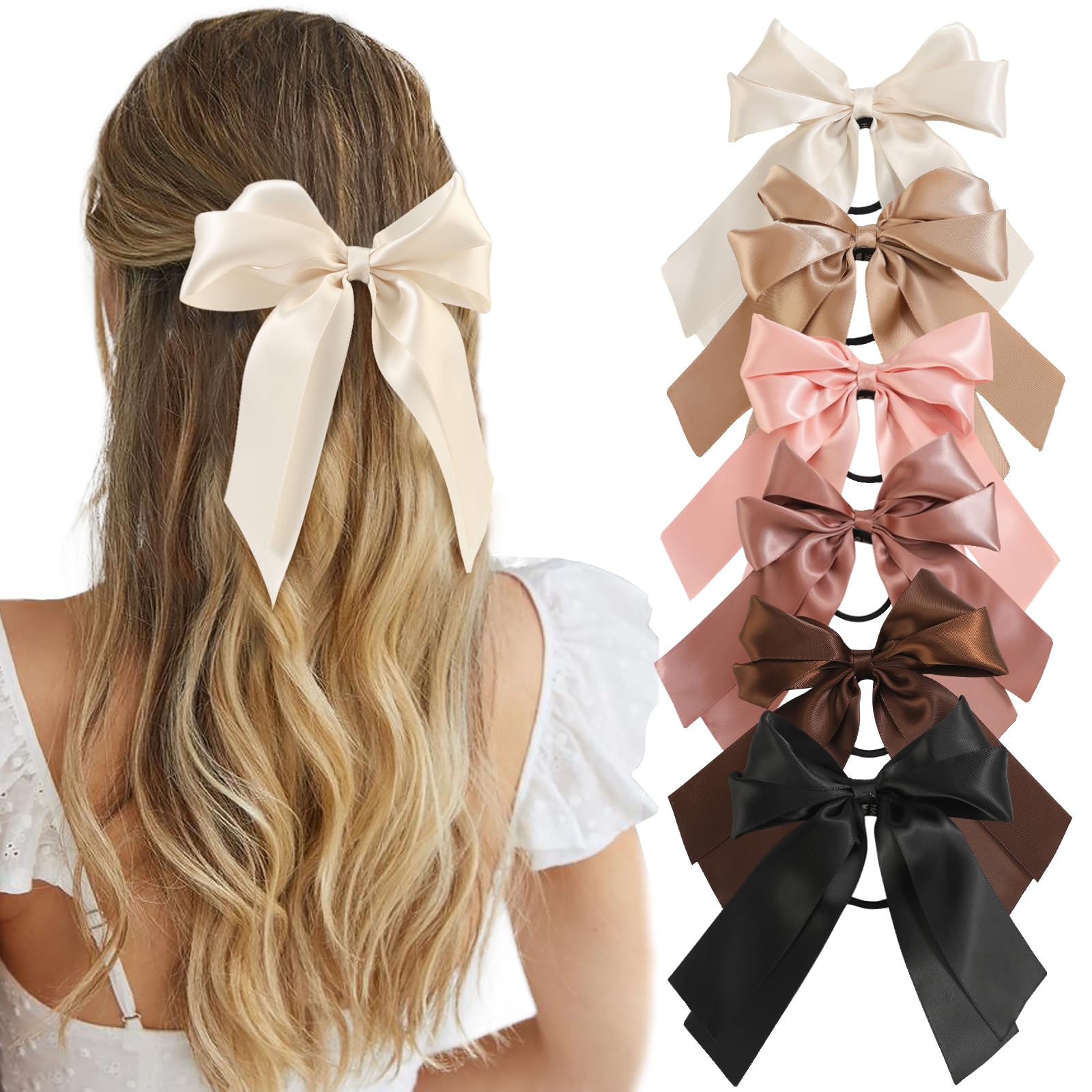 Yougeigy 6PCS Satin Hair Bows & Scrunchies for Women & Girls - Black Ribbon Hair Ties with Long Tail for Thin & Thick Hair - Perfect for School, Parties & Everyday Styling