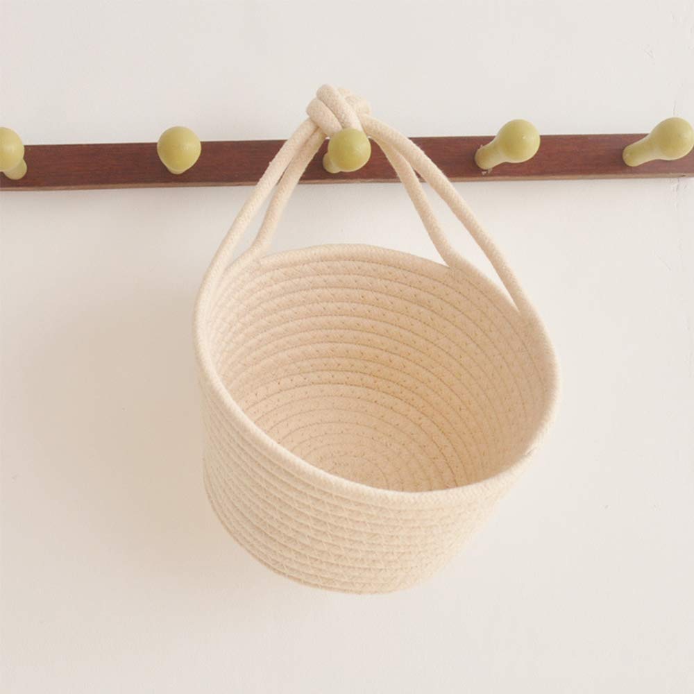 Multifunctional Cotton Woven Storage Basket with Hanging Rope - Foldable Snack Organizer, Kids Room Decor & Household Item Holder - Perfect for Toys, Books, Laundry & Small Items (Beige) - Ideal for Bedroom, Nursery, Bathroom & Kitchen Organization