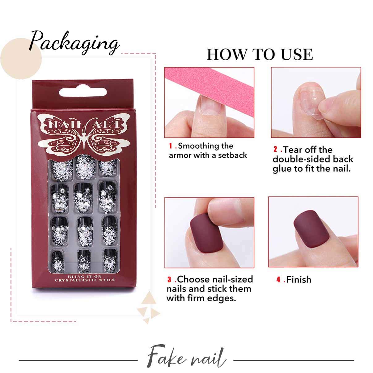 Fairvir Black Crystal Glitter Fake Nails with Rhinestones - 24Pcs Oval Full Cover Press on Nails for Women & Girls - Perfect for Birthday Parties, Weddings, and Special Occasions
