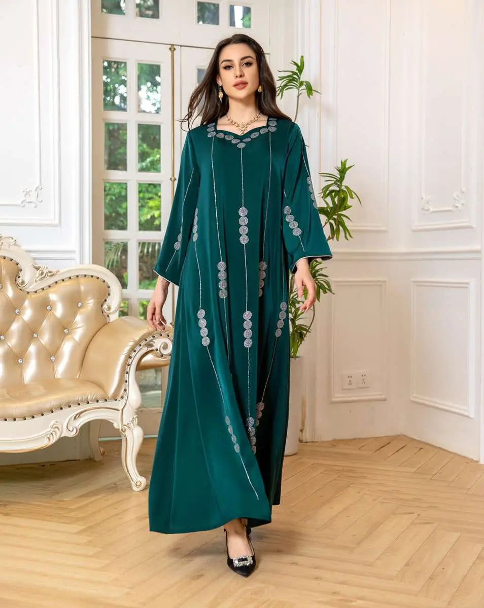 Elegant Hotfix Rhinestone Satin Jalabiya Caftan Dress for Women - Perfect for Eid Celebrations, Weddings & Special Occasions