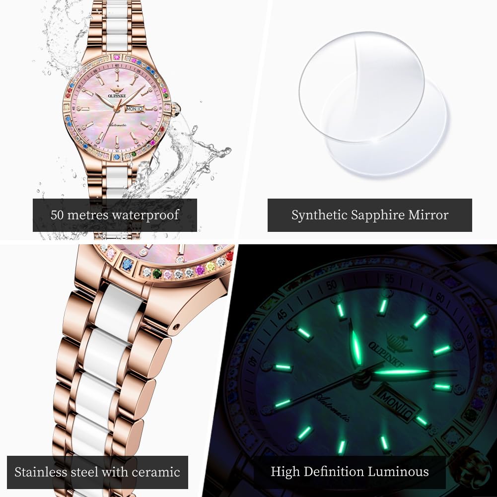 Luxury Diamond Women's Automatic Watch - Self-Winding Stainless Steel with Sapphire Crystal & Ceramic Band - Elegant Dress Watch for Business, Party & Special Occasions