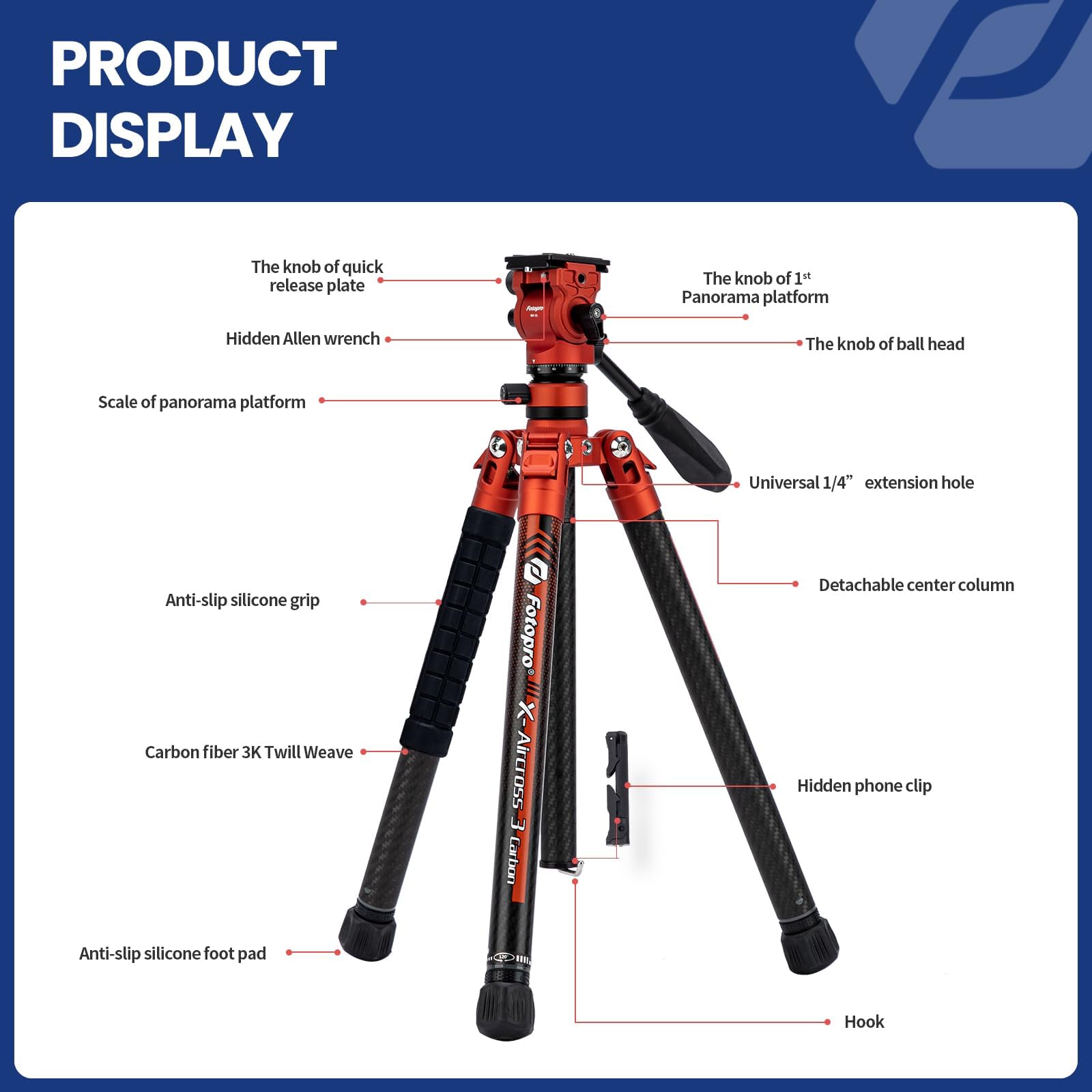 Fotopro X-Aircross 3 Video 62 Inch Lightweight Carbon Fiber Tripod with Fluid Head - 2.35lbs Ultralight Professional Camera Tripod for DSLR, Mirrorless, Camcorder - Perfect for Travel, Vlogging, Photography & Outdoor Shooting