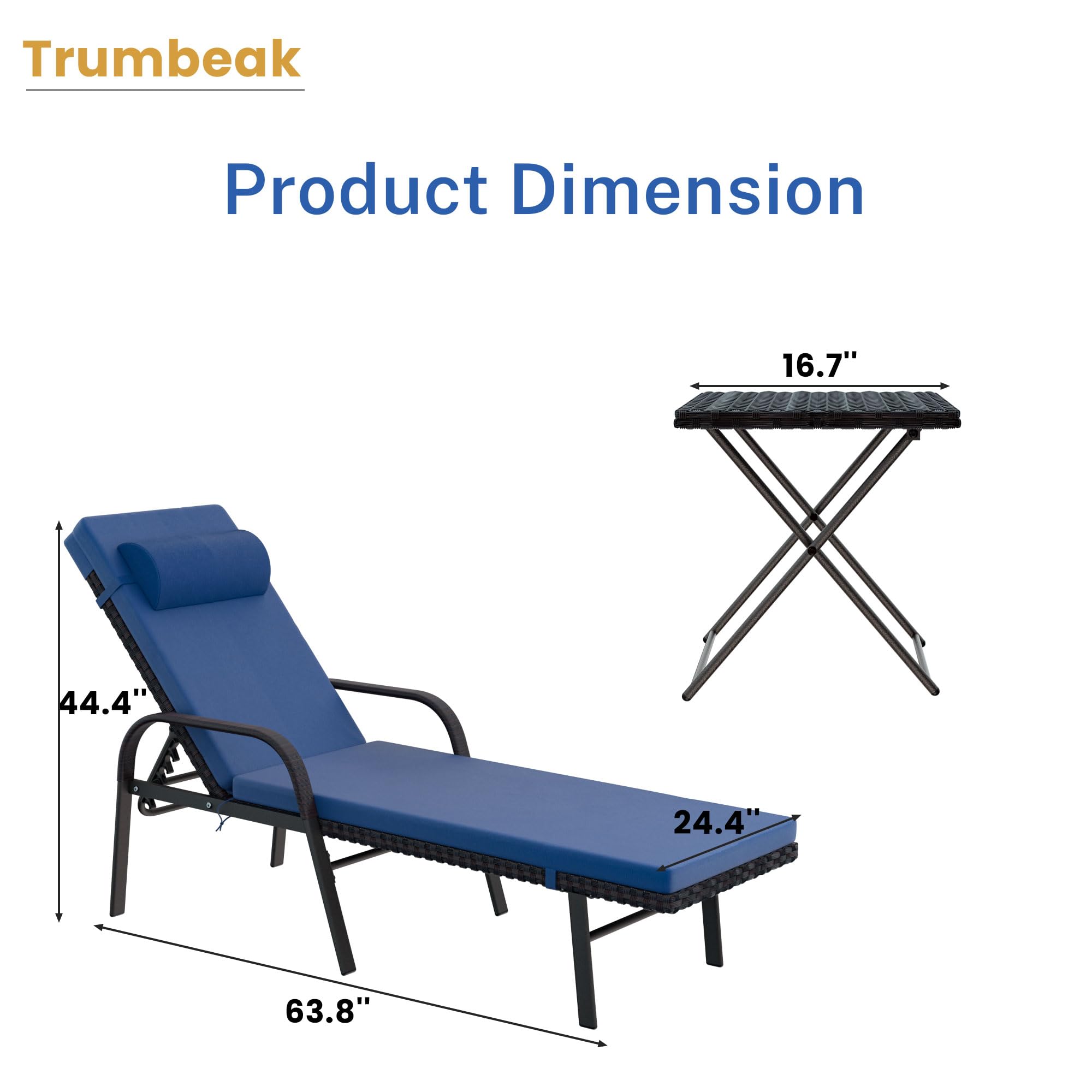3-Piece Patio Chaise Lounge Set with Cushions - Adjustable Rattan Backrest Outdoor Folding Chairs & Table - Navy Blue Poolside Furniture for Backyard, Porch, Beach and Garden Relaxation