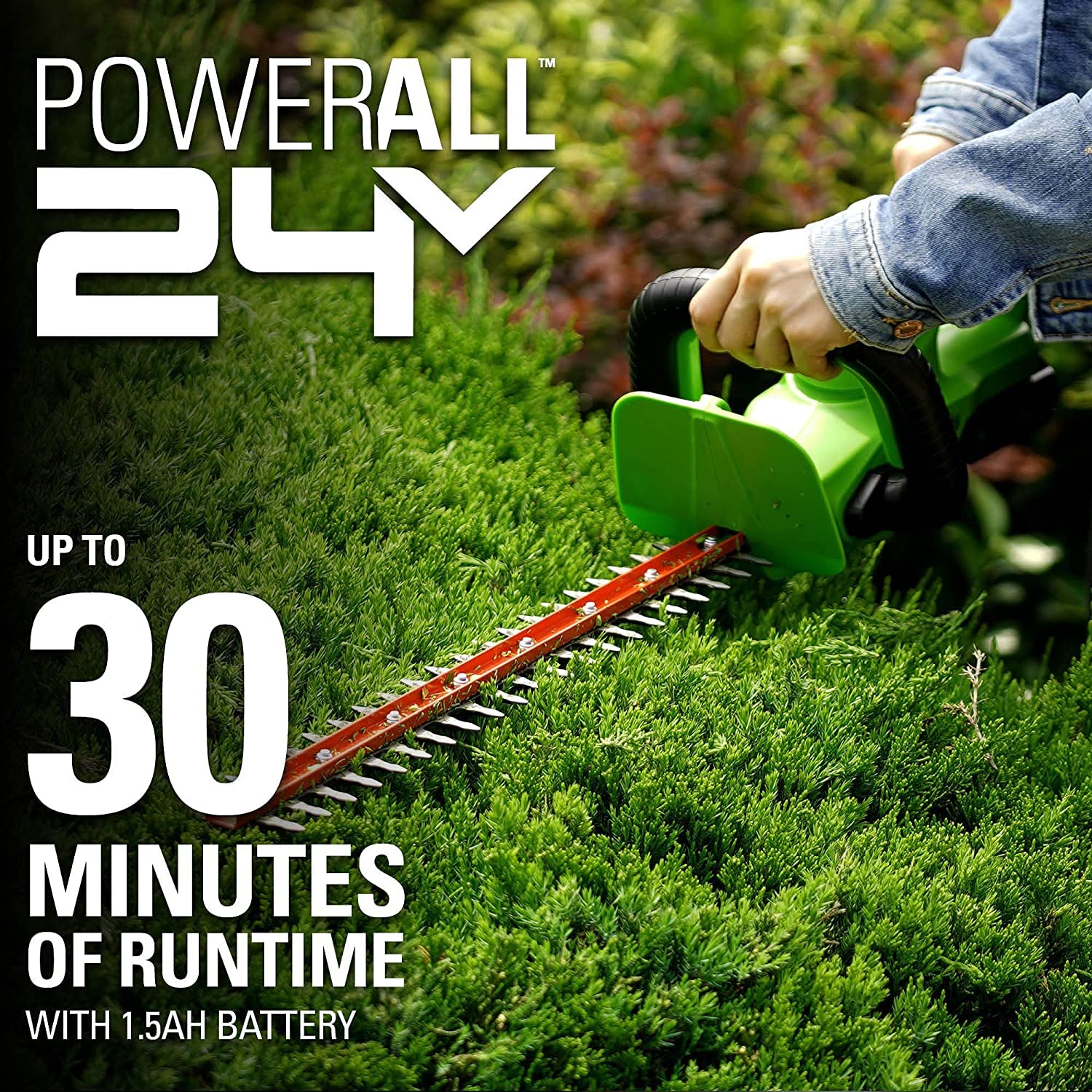 Greenworks 24V 22-Inch Cordless Hedge Trimmer with Rotating Handle - Includes (1) 1.5Ah USB Battery & Charger + 24V Axial Blower (90 MPH/320 CFM) - Perfect for Landscaping, Yard Maintenance, and Professional Gardening