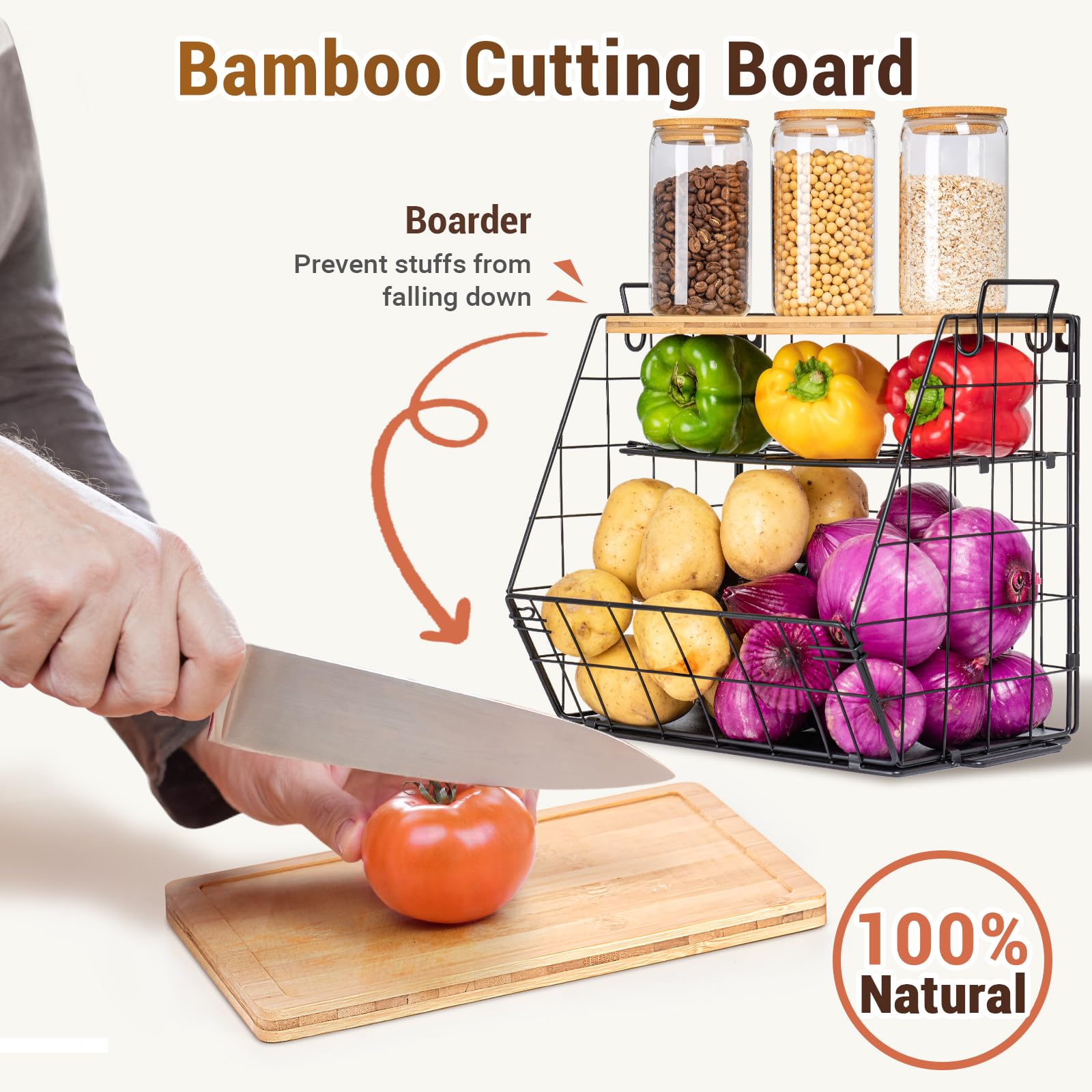 3-Tier Bamboo Fruit Basket with Cutting Board - Stackable Kitchen Organizer for Fruits, Vegetables, Onions & Potatoes - Countertop, Cabinet & Pantry Storage Solution - Perfect for Small Kitchen Organization & Space Saving