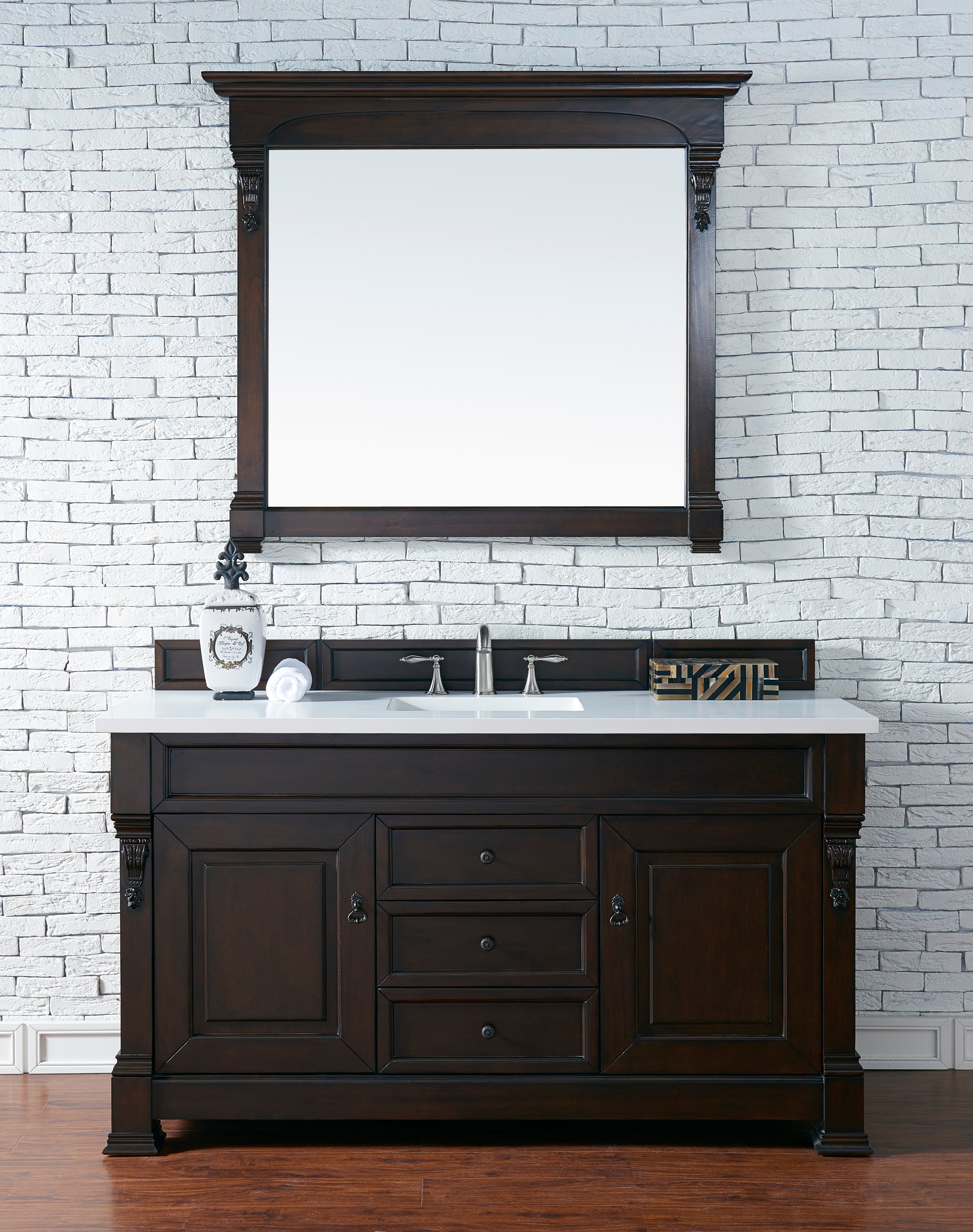Brookfield 60 Inch Single Bathroom Vanity with Burnished Mahogany Cabinet & 3CM Classic White Quartz Countertop - Perfect for Modern Home Bathroom Remodeling