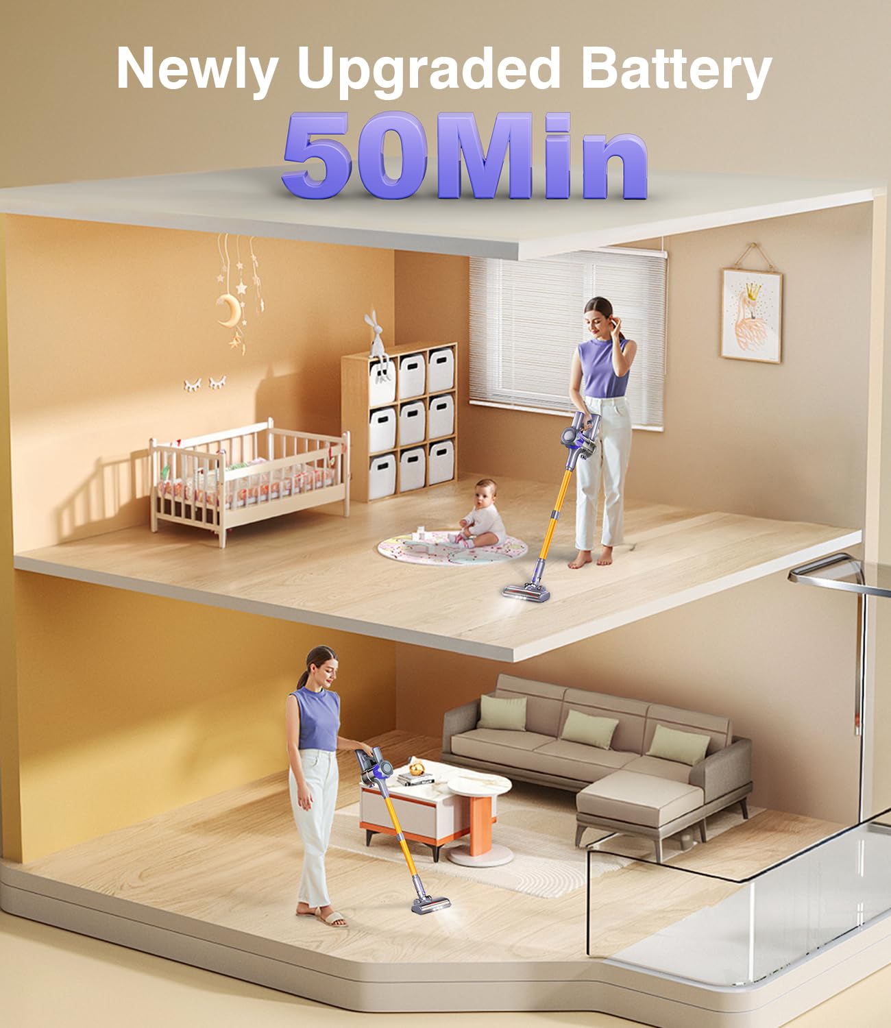 Powerful 450W 40Kpa Cordless Stick Vacuum Cleaner with 50Mins Runtime - Lightweight Handheld Vacuum for Hardwood Floors, Carpets & Pet Hair - Perfect for Home Cleaning & Pet Owners