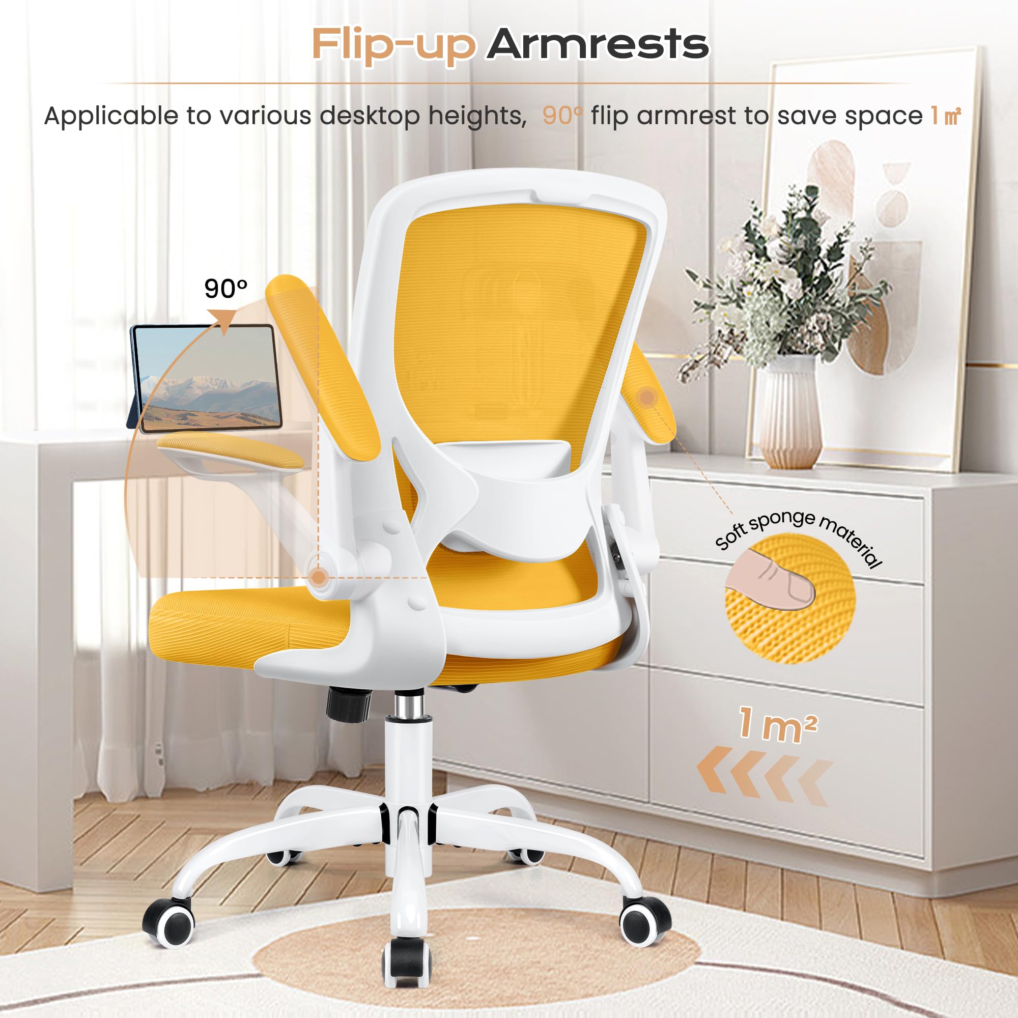 KERDOM Ergonomic Office Chair - Breathable Mesh Computer Desk Chair with Lumbar Support, Wheels & Flip-Up Arms - Adjustable Height Swivel Task Chair for Home Office & Gaming (Yellow) - Perfect for Long Work Sessions, Online Classes & PC Gaming