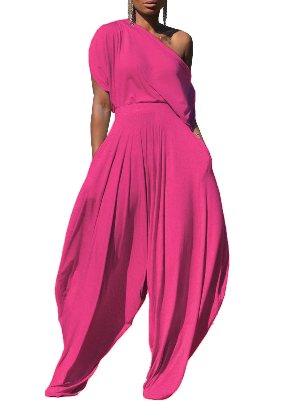 Women's 2-Piece Lounge Set - Off Shoulder Top & Harem Pants Matching Tracksuit | Soft Casual Outfit for Home, Yoga, and Relaxation