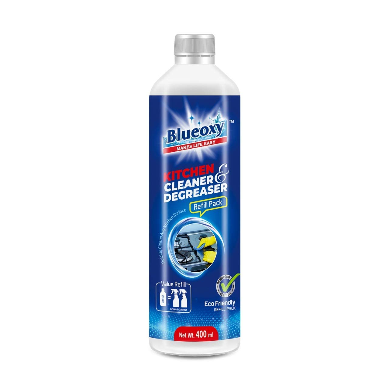 BLUEOXY Kitchen Cleaner & Degreaser Refill Pack - Heavy Duty Grease Remover for Stovetops, Ovens, Countertops | Eco-Friendly Formula | 400ml (Pack of 1) | Perfect for Deep Cleaning Kitchen Surfaces, Appliances and Removing Tough Oil Stains