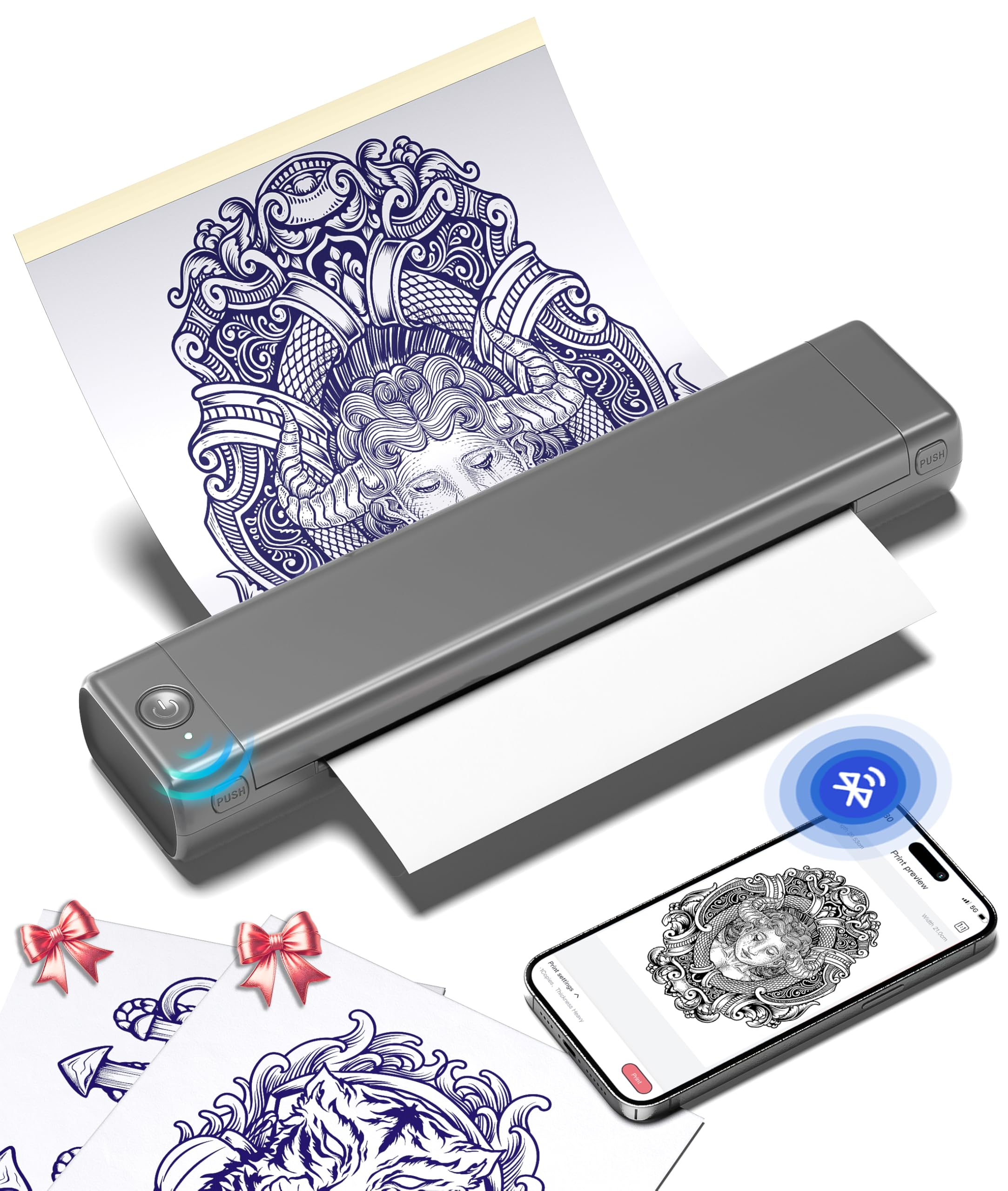 Phomemo M08F Bluetooth Thermal Tattoo Stencil Printer Kit - Wireless Portable Tattoo Machine with 10 Transfer Papers, Smartphone & PC Compatible (Grey) - Perfect for Professional Tattoo Artists & Home Studios