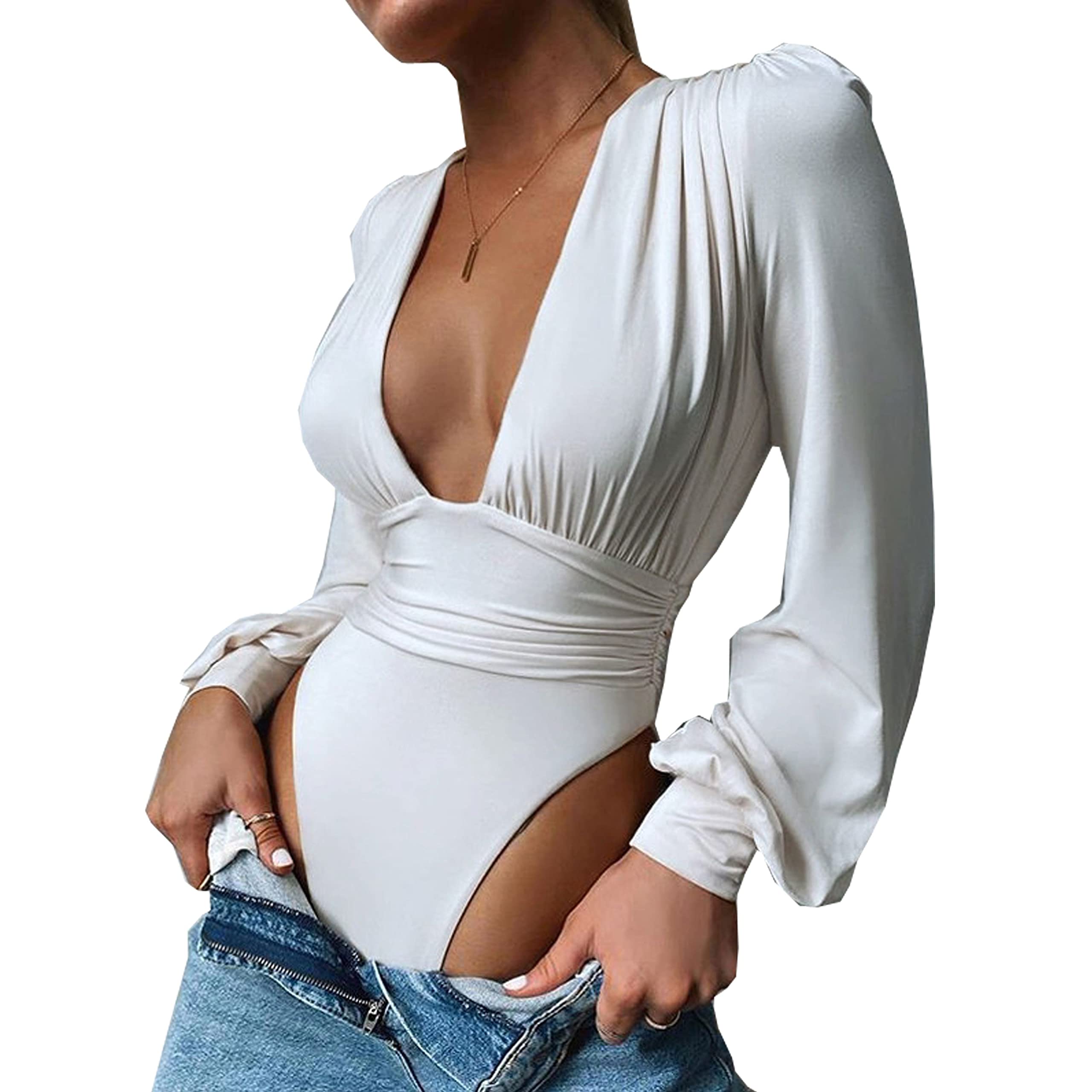 Syydn Women's Deep V Neck Tops - Sexy Puff Sleeve Bodycon Jumpsuit - Stretchy Bodysuit Jumpsuits for Party, Club & Date Night - Plus Size & Curve Hugging Outfit for Women
