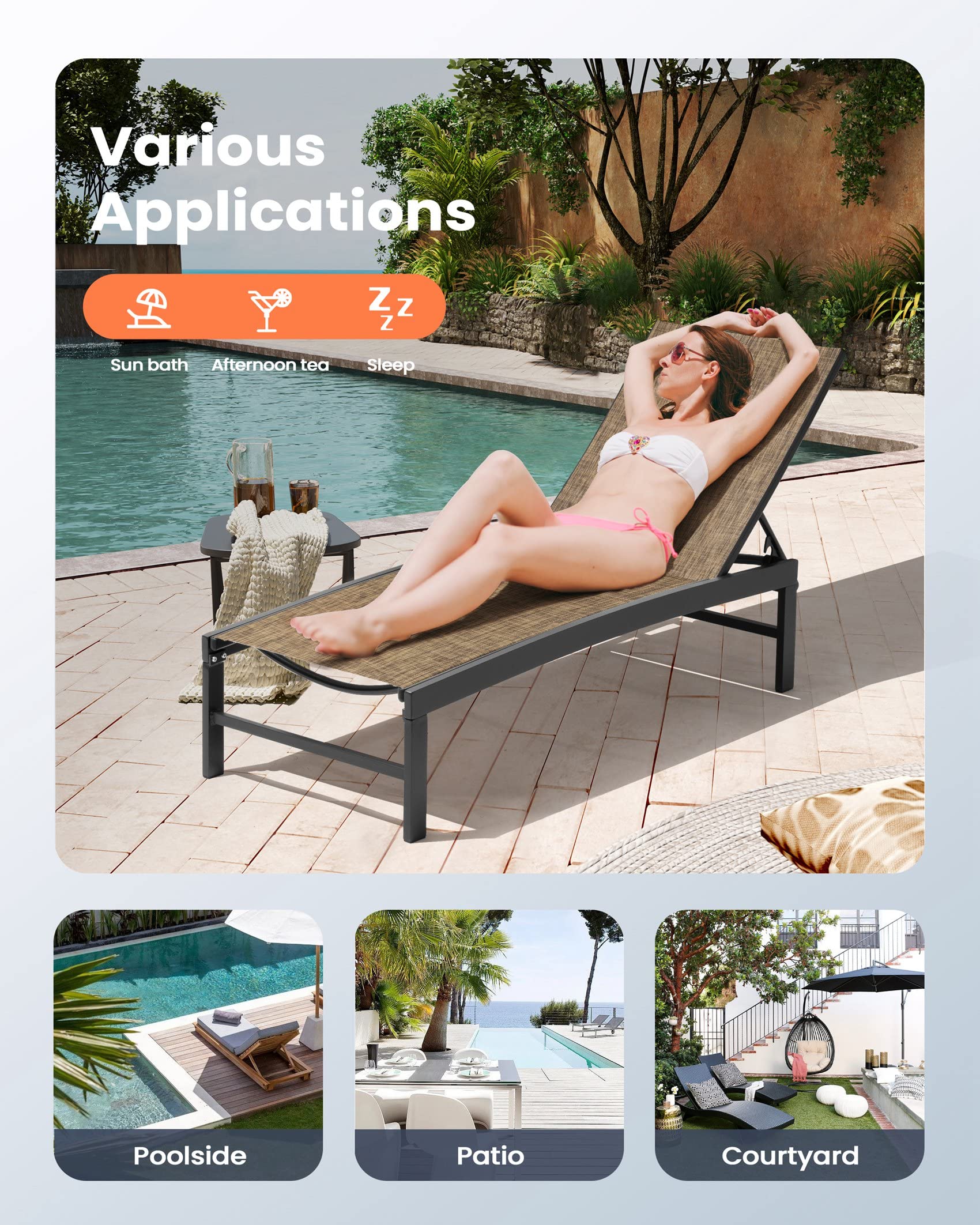 Pellebant Outdoor Lounge Chairs Set of 2 - Adjustable Patio Chaise Lounge Chairs with Rustproof Aluminum Frame for Poolside, Backyard & Sunbathing (Grey & Brown, 2-Piece Set) - Perfect for Relaxing by the Pool, Beach or Garden
