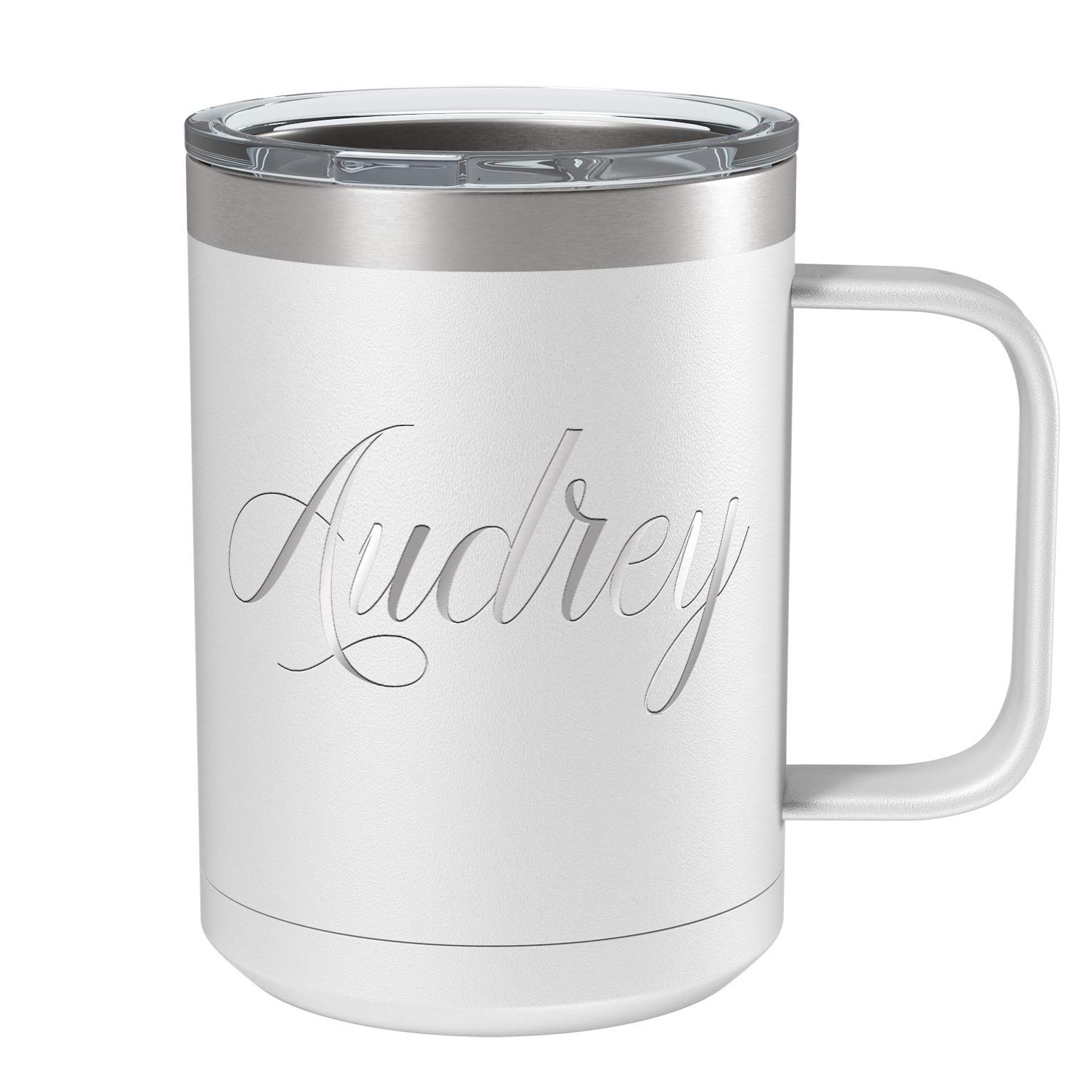 Custom Engraved 15 oz White Matte Stainless Steel Vacuum Insulated Coffee Mug - Personalized Gift with Handle for Office, Home & Travel Use