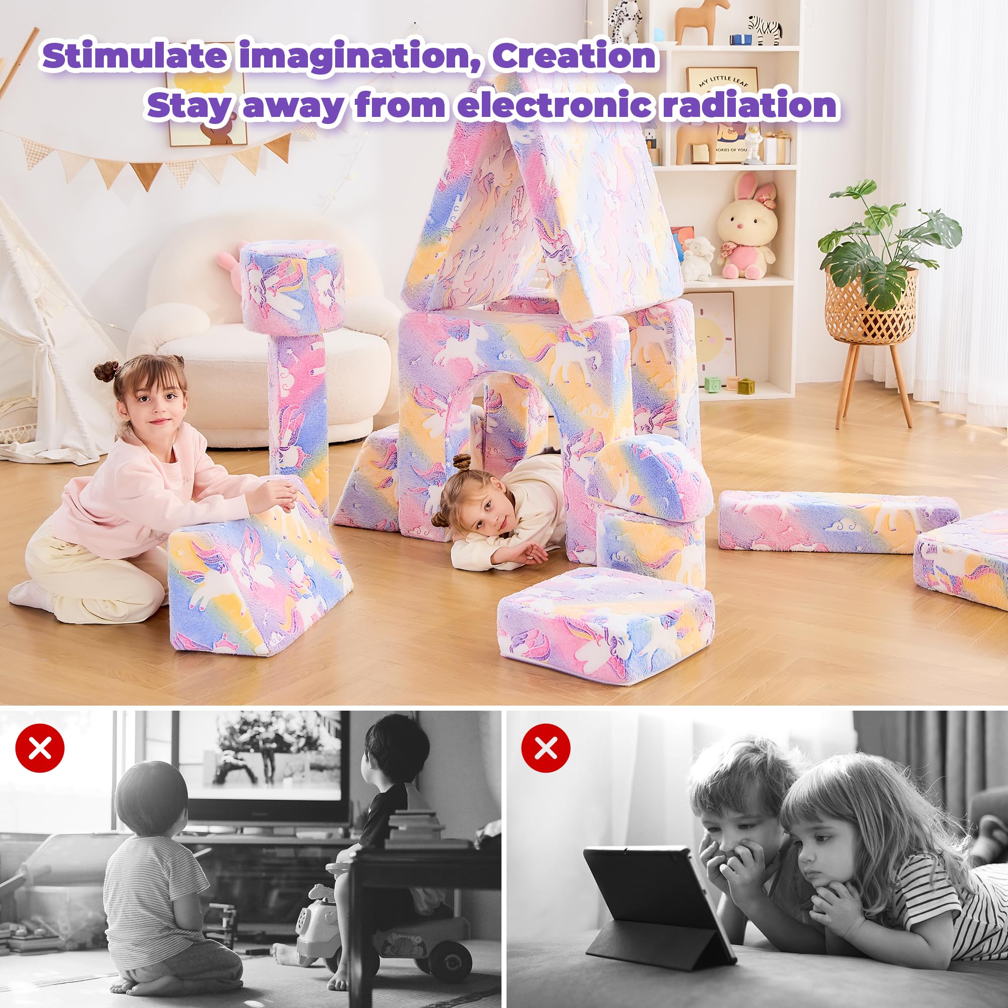 14-Piece Modular Kids Play Couch - Convertible Toddler Sectional Sofa with Blue Glow Foam Cushions for Boys & Girls | Playroom, Bedroom & Nursery Furniture | Unicorn-Themed Floor Cushion for Reading Nook & Playtime