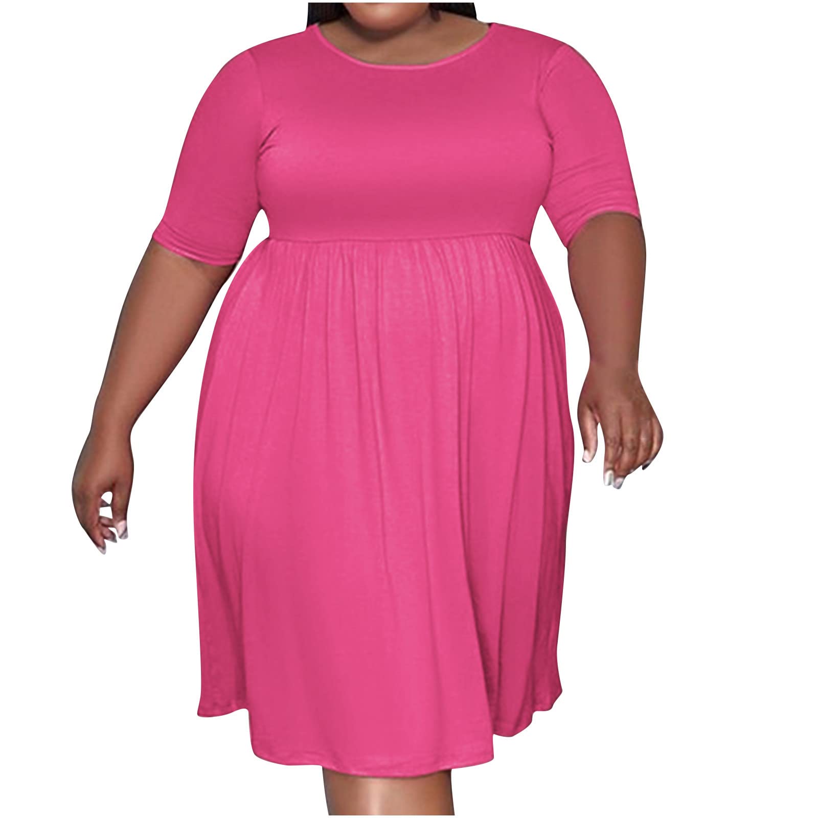 Women's Summer Short Sleeve Crewneck Mini Dress - Elastic Waist Pleated Swing Tunic - Plus Size Casual Solid Color Dress for Beach, Party & Everyday Wear