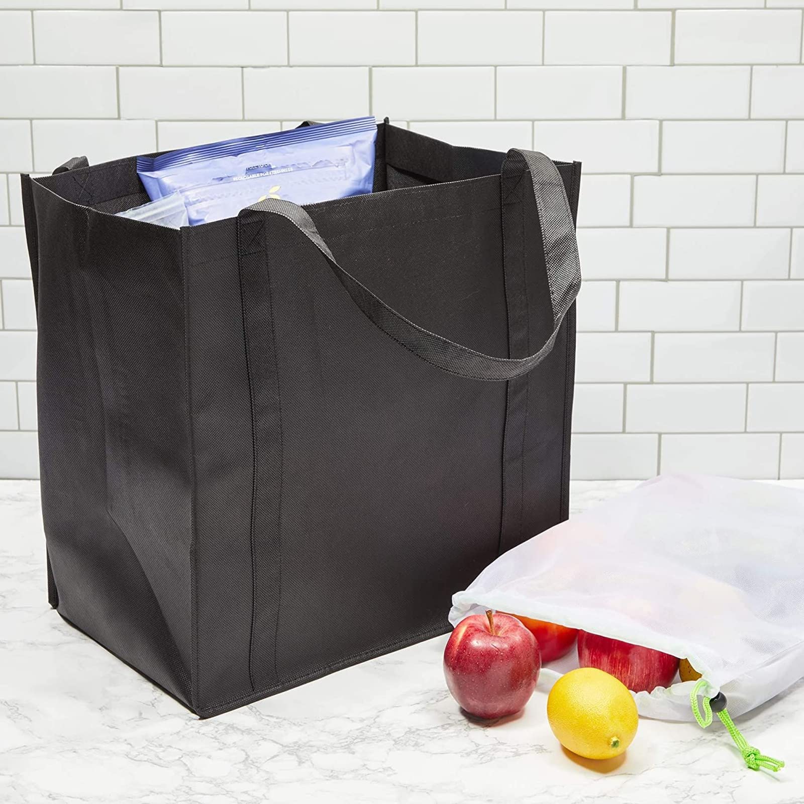 Okuna Outpost Reusable Non-Woven Grocery Tote Bags & Mesh Produce Shopping Bags Set - 15 Pieces in 5 Sizes (Small to Large) - Eco-Friendly Supermarket, Farmers Market & Bulk Shopping Bags for Fruits, Vegetables & Groceries